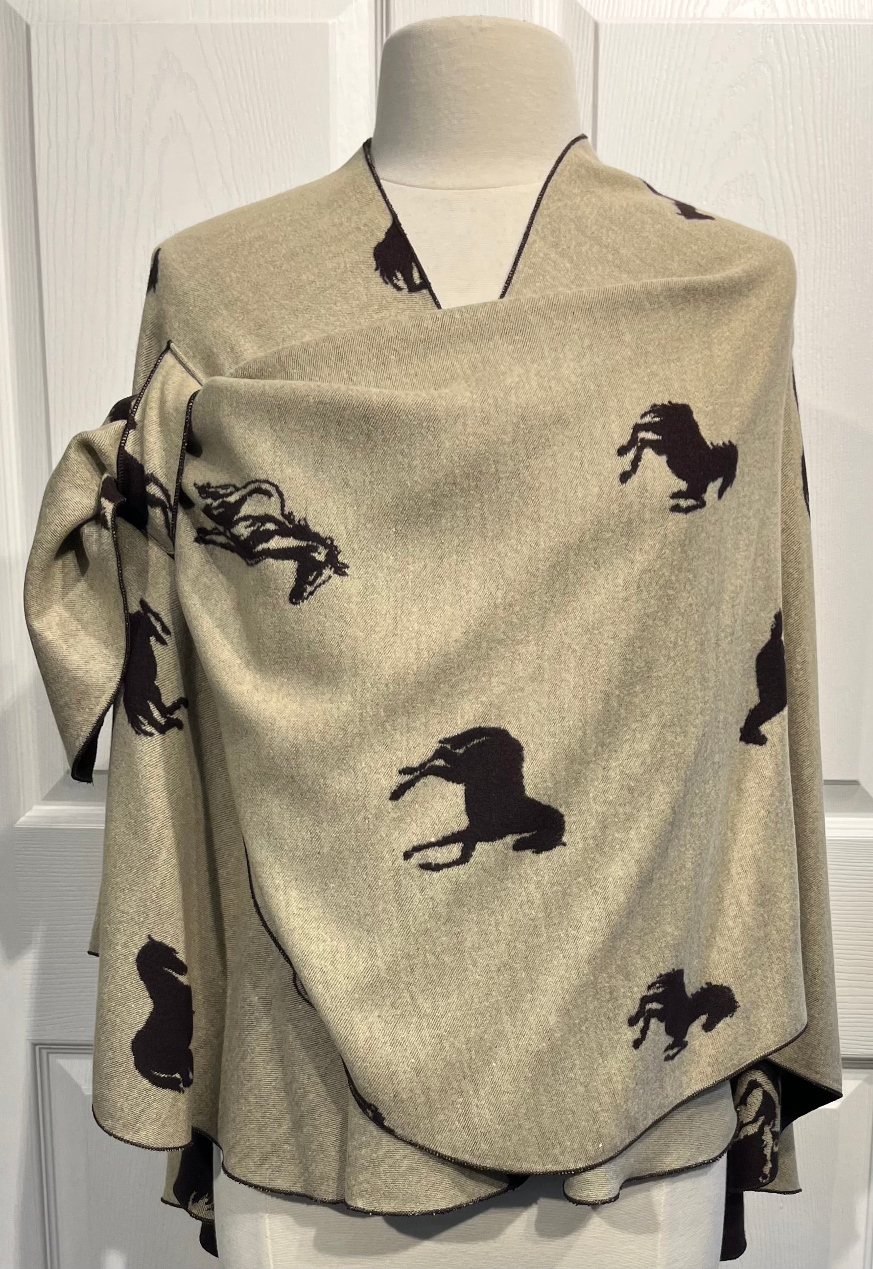 Tan Horses on Chocolate Reversible Cashmere Shawl