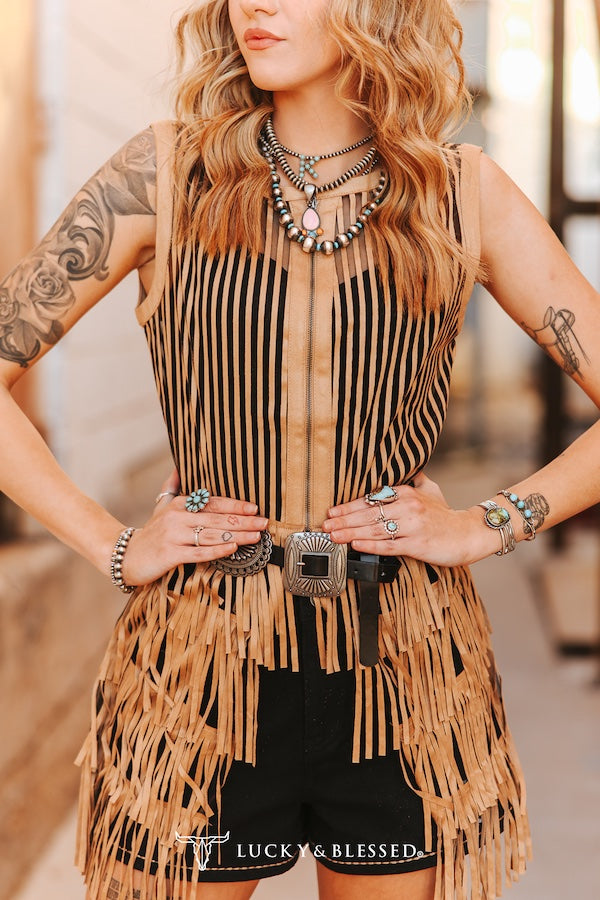 Camel Fringe Tier Vest
