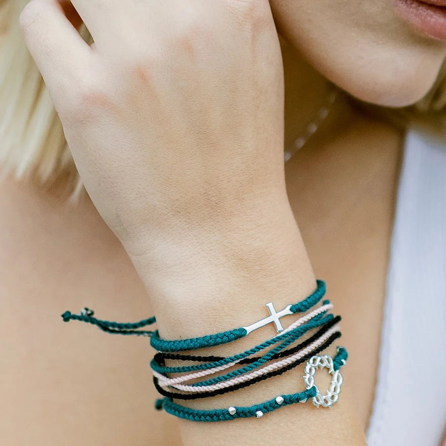 Stay Salty Cross Azure Blue Braided Cord Bracelet- Silver