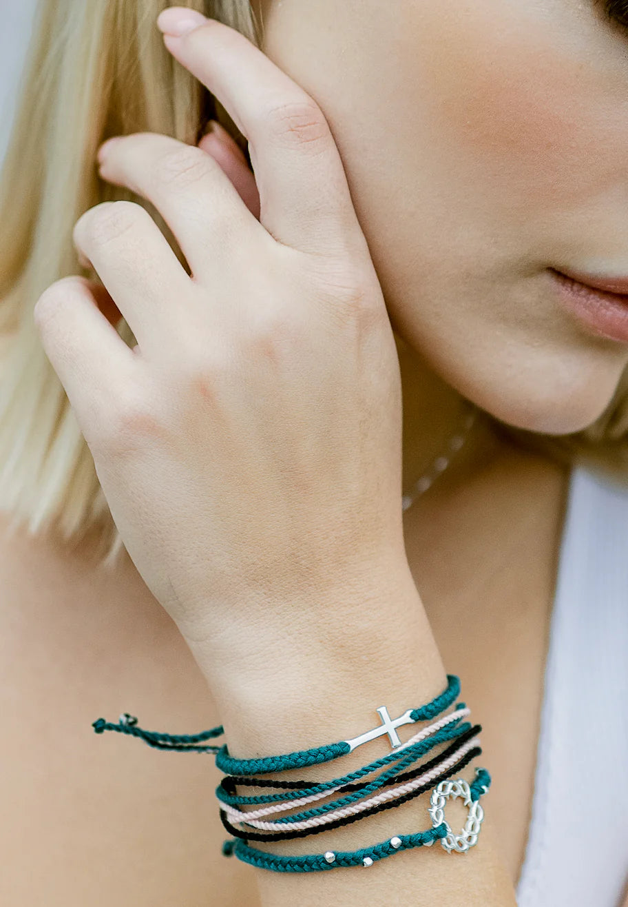 Crown of Thorns Azure Blue Beaded Cord Bracelet- Silver