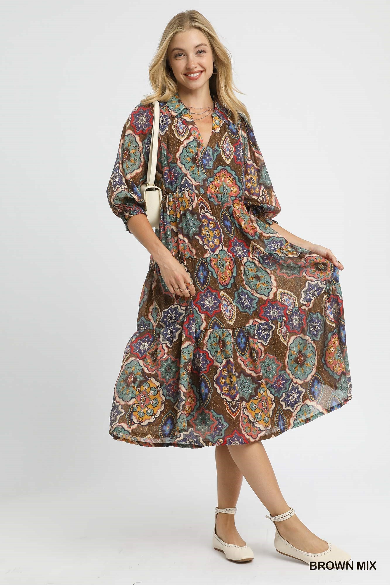 Brown Mix Boho Print Tiered Midi Dress