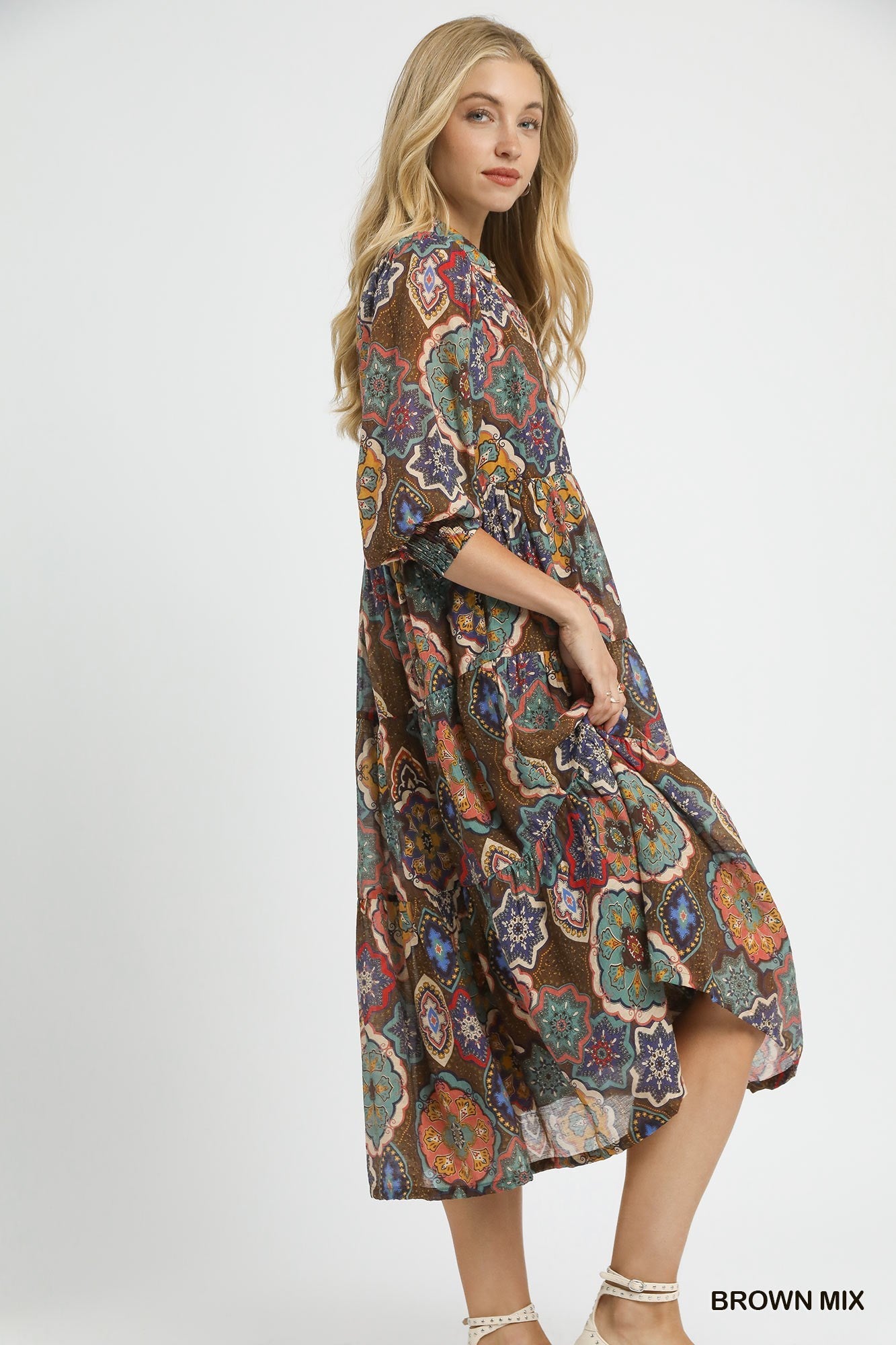 Brown Mix Boho Print Tiered Midi Dress