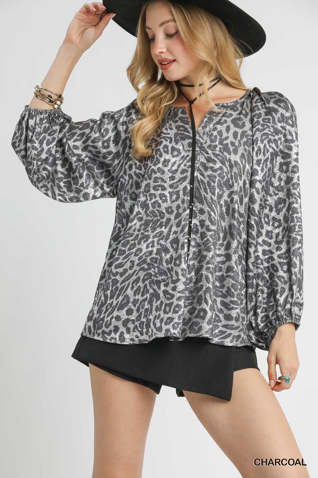 Charcoal Metallic Leopard Print Peasant Top