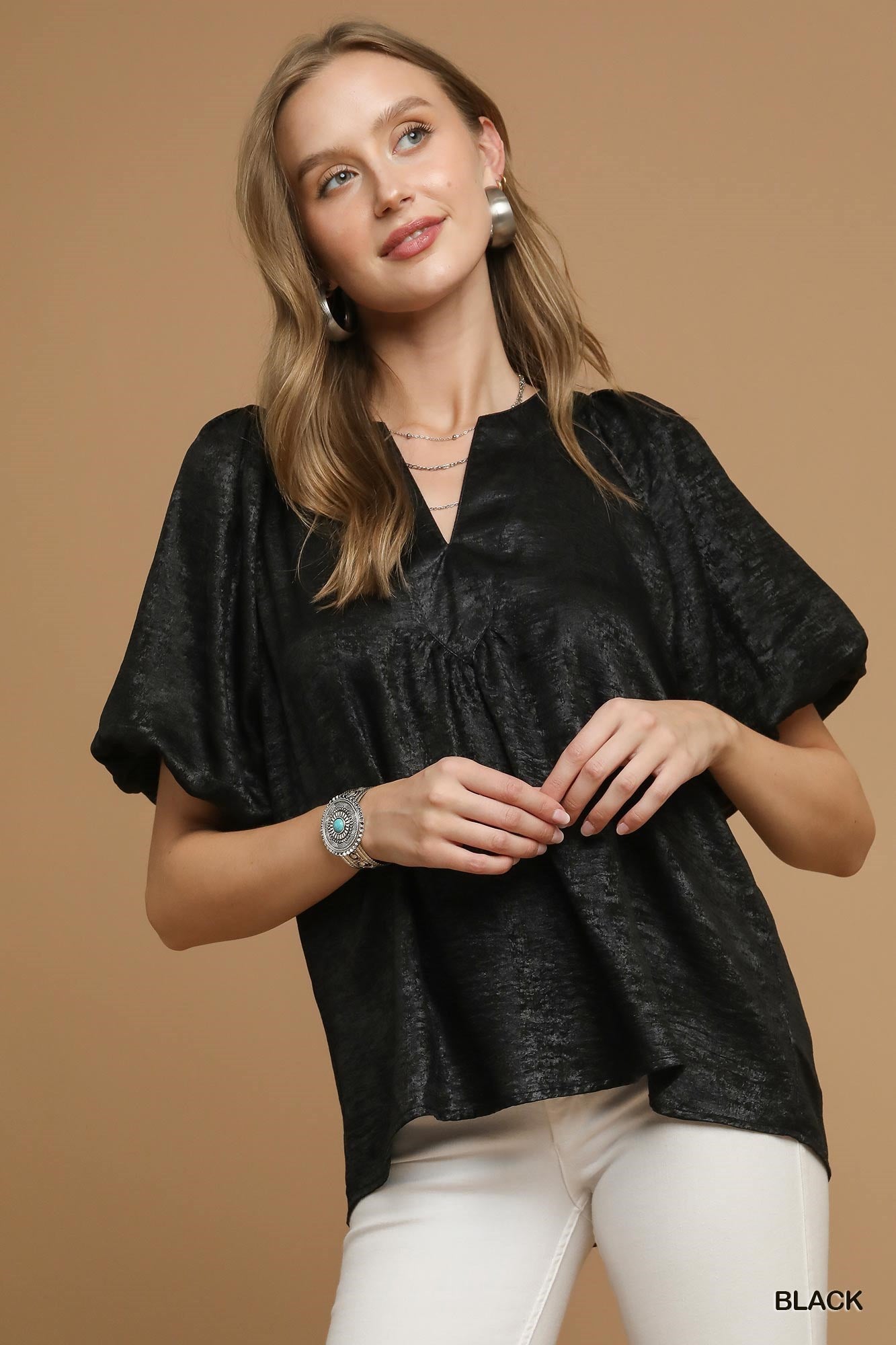 Black Metallic Puff Sleeve Blouse
