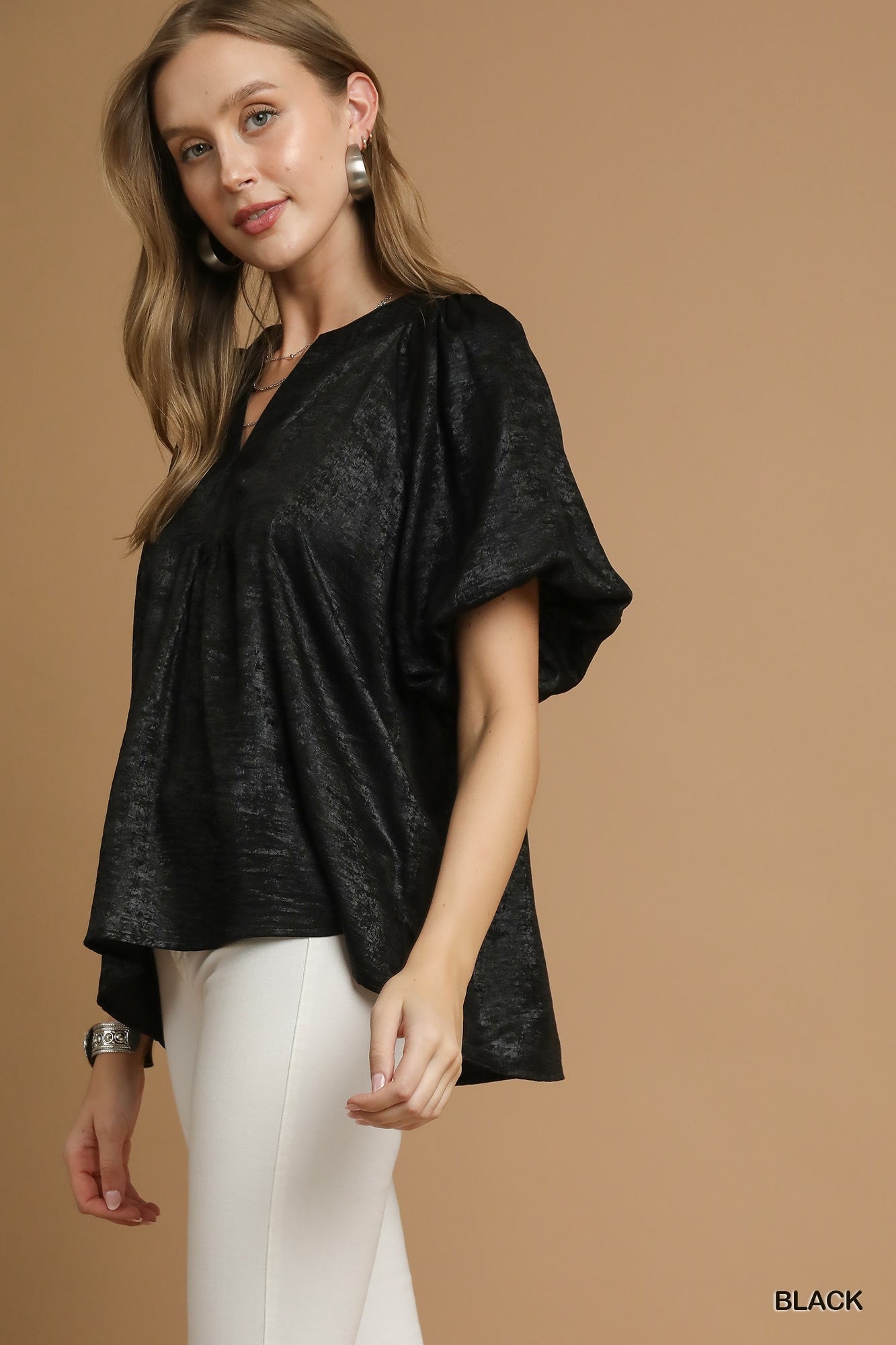 Black Metallic Puff Sleeve Blouse
