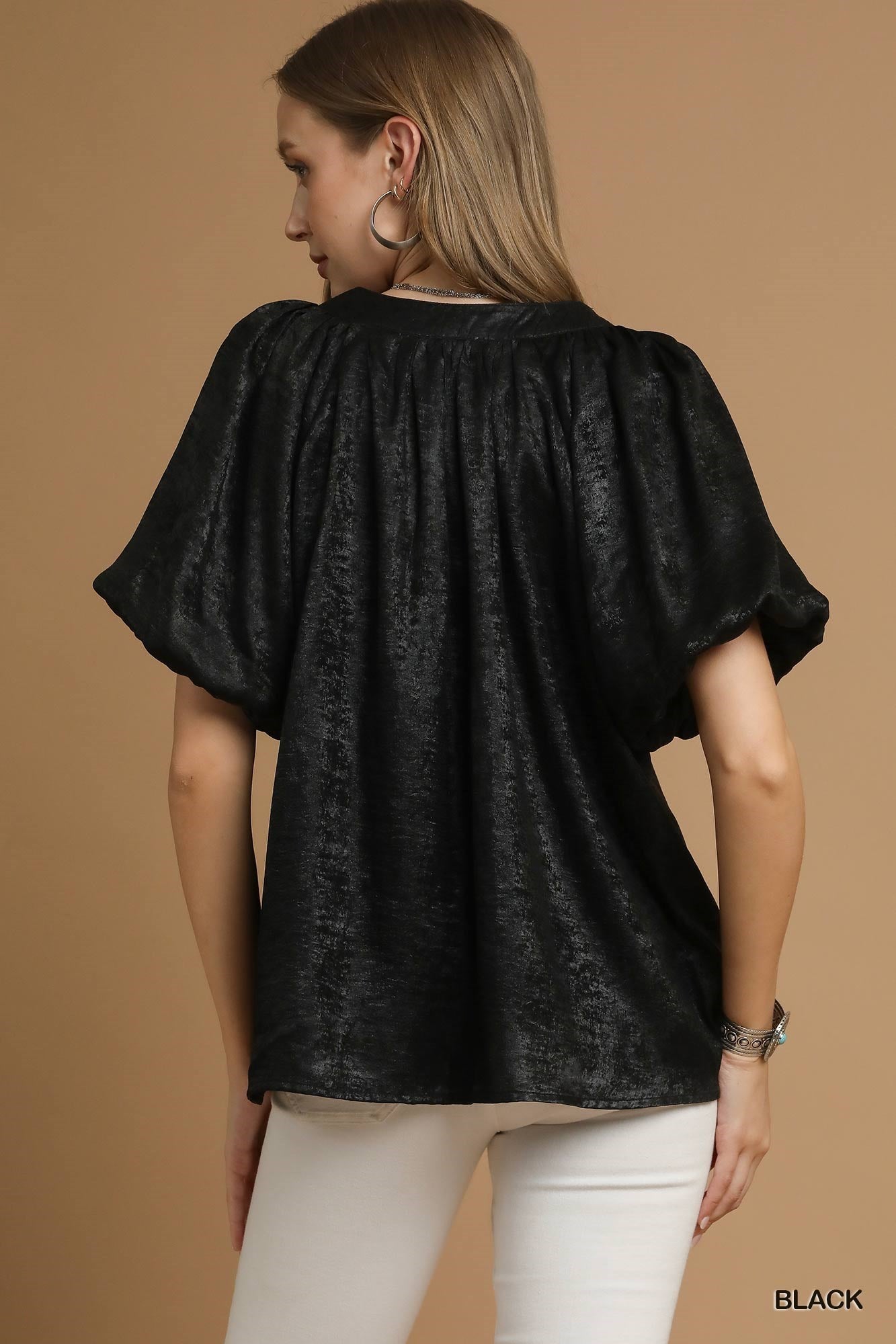 Black Metallic Puff Sleeve Blouse