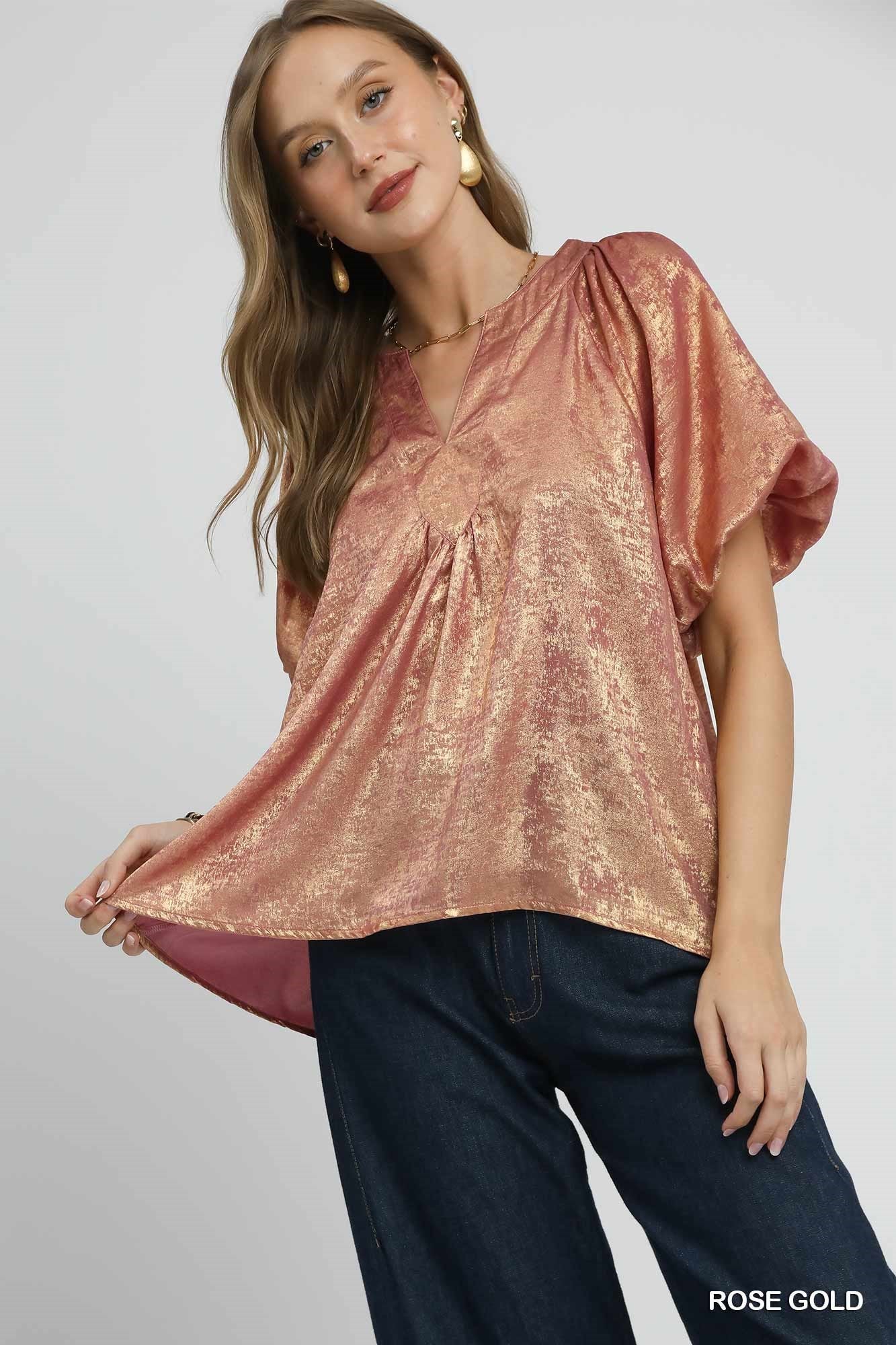 Rose Gold Metallic Puff Sleeve Blouse