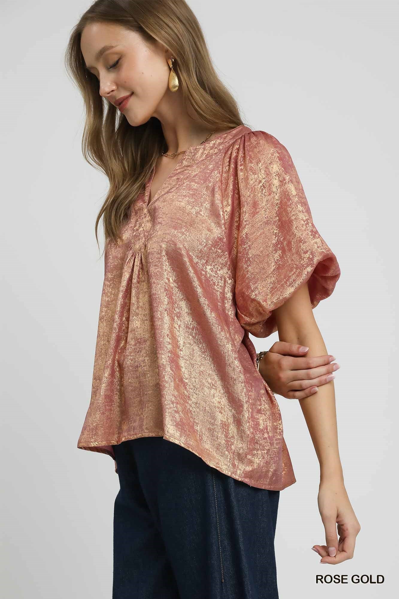 Rose Gold Metallic Puff Sleeve Blouse