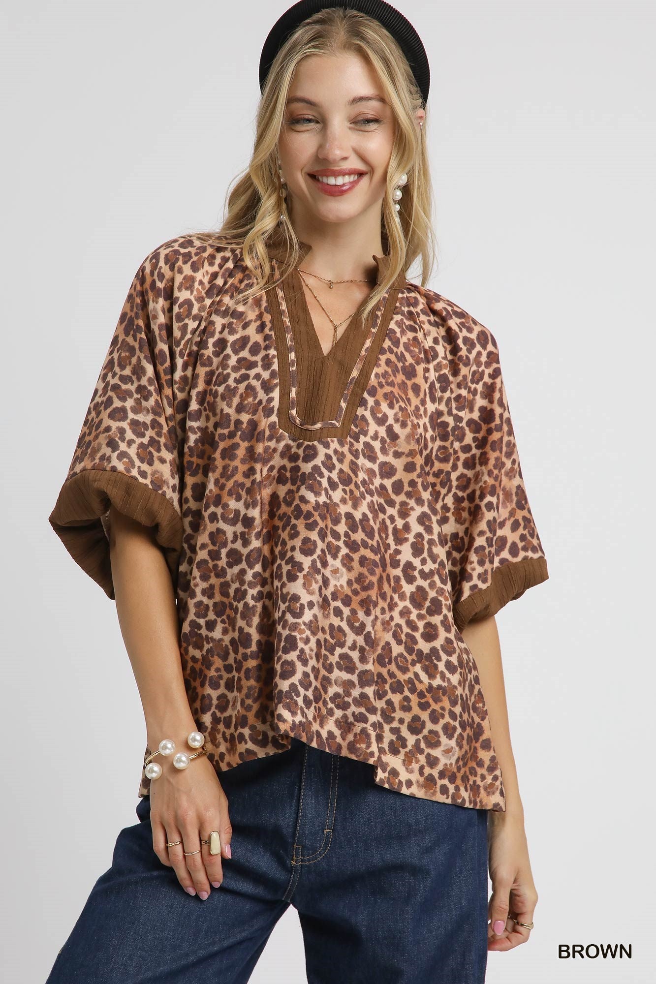 Brown Leopard Print Pleated Sleeve Blouse