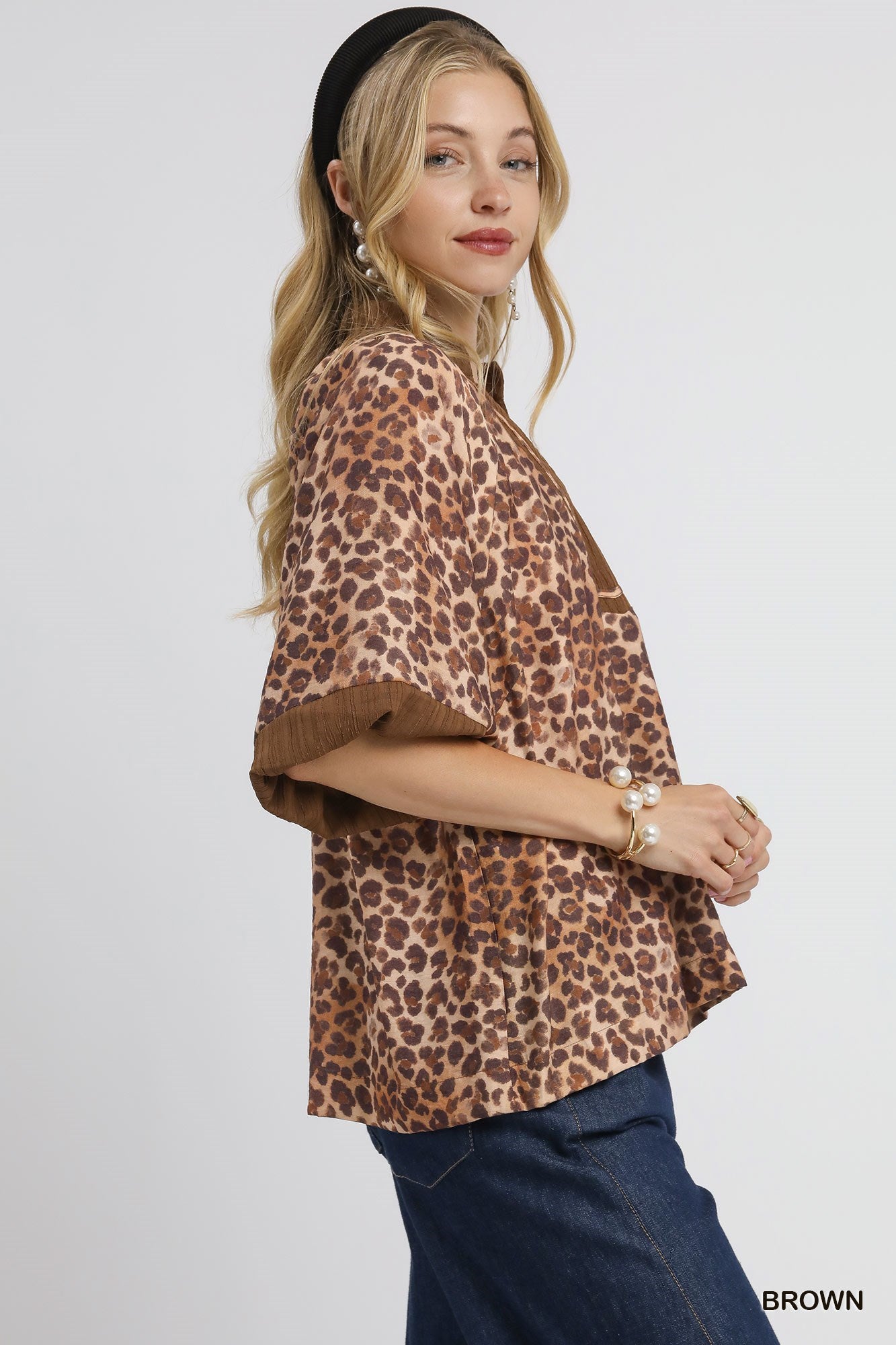 Brown Leopard Print Pleated Sleeve Blouse