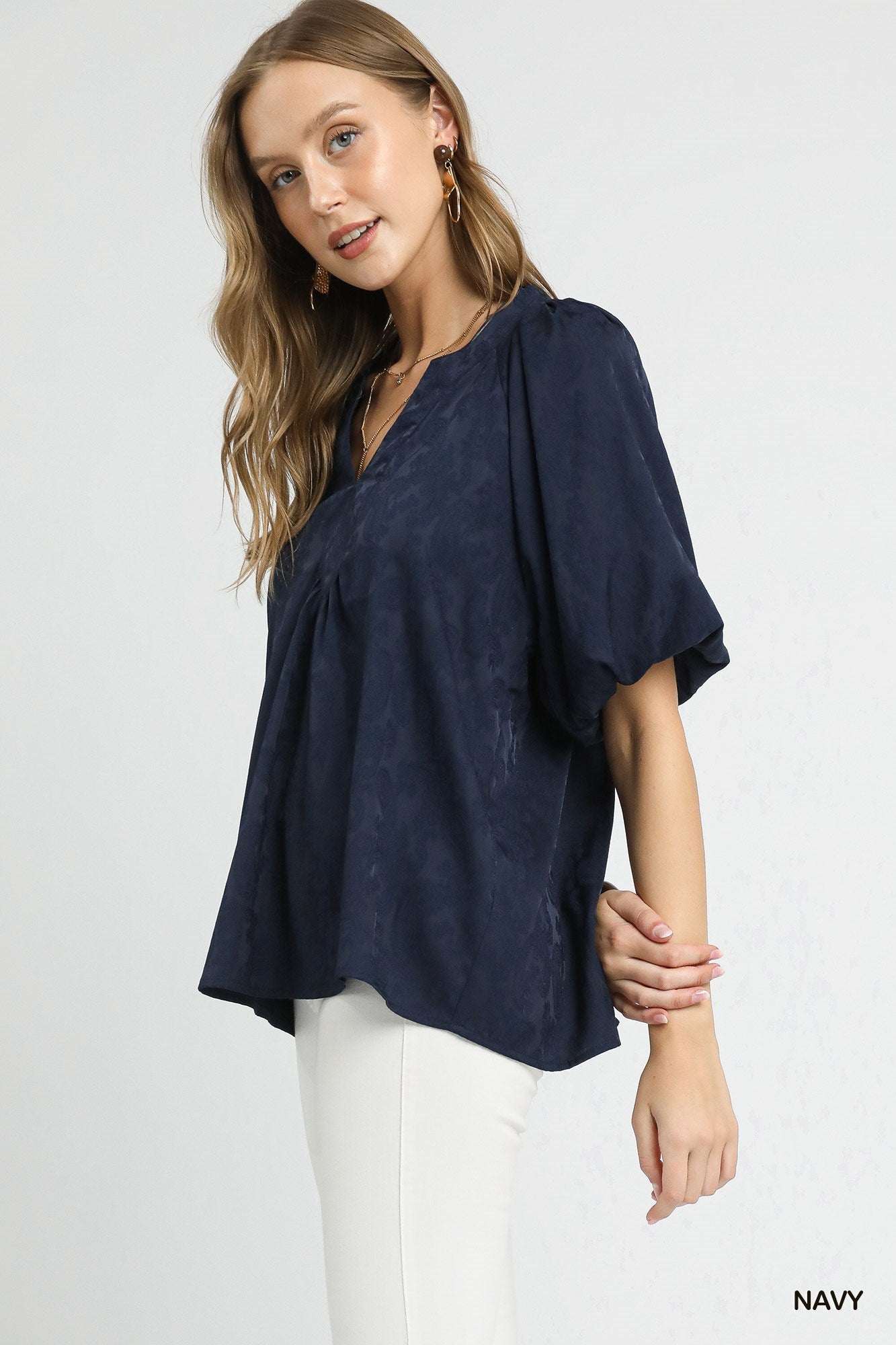 Navy Blue Satin Jacquard Puff Sleeve Blouse