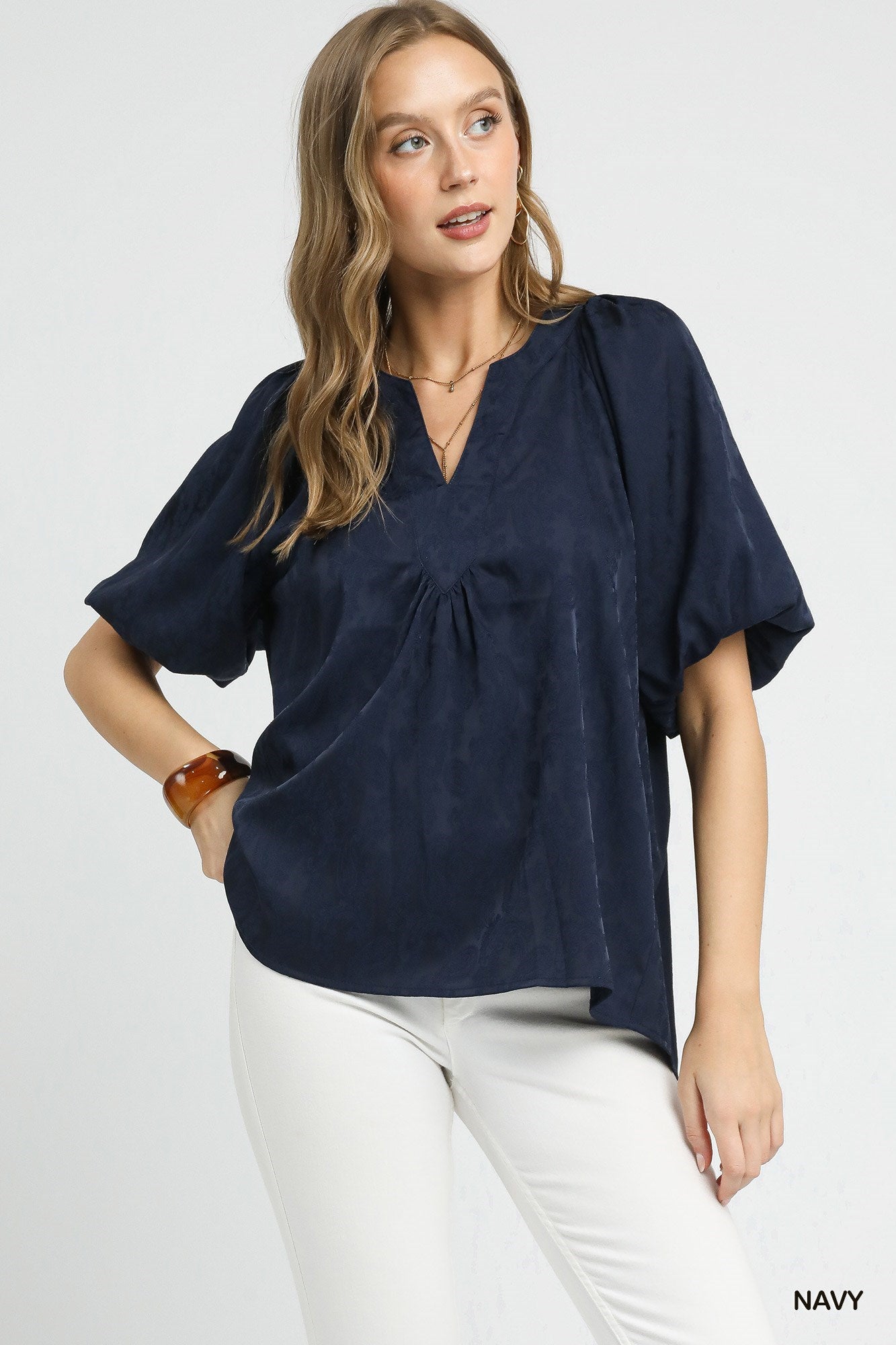 Navy Blue Satin Jacquard Puff Sleeve Blouse