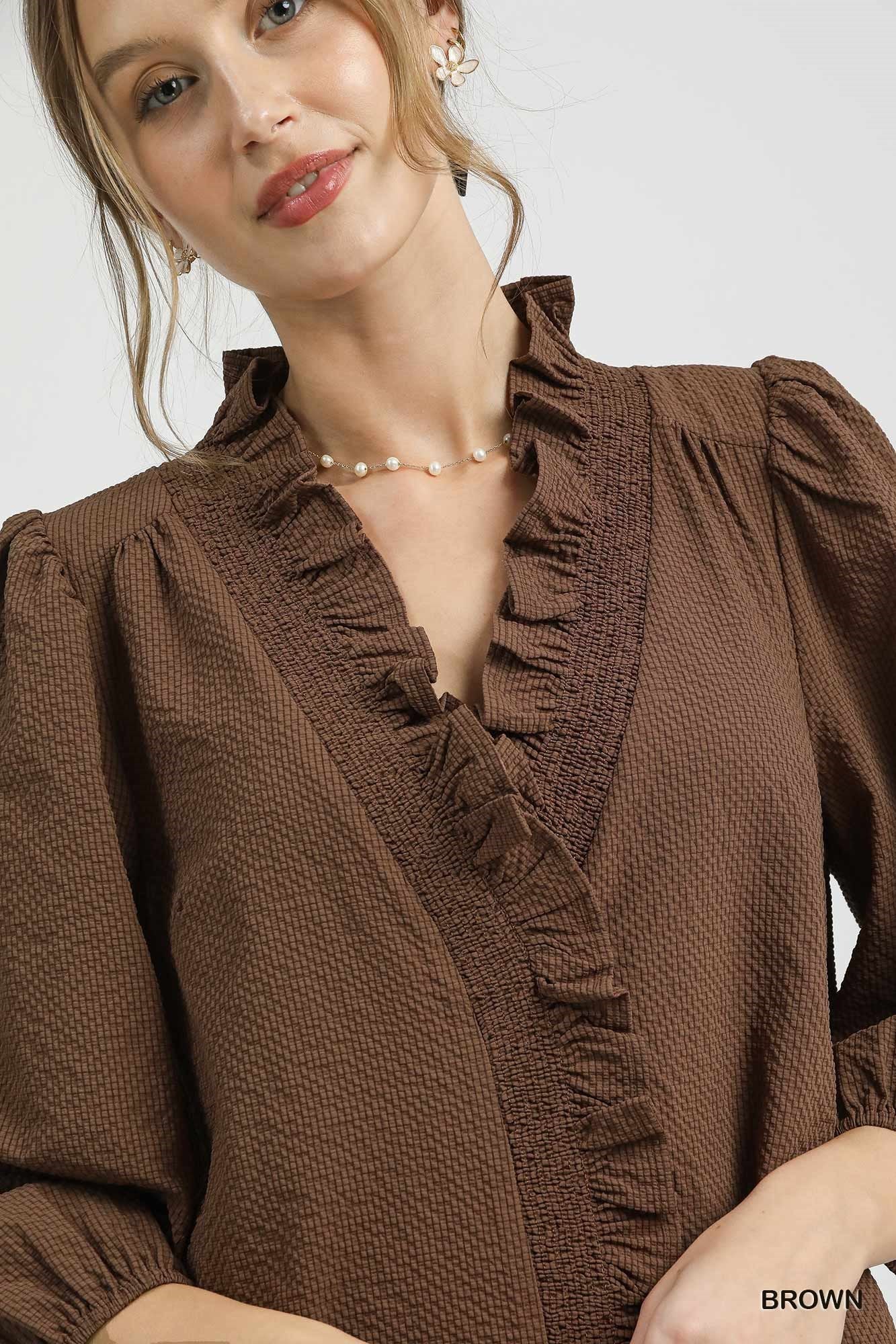 Chocolate Brown Textured Ruffle Trim Blouse