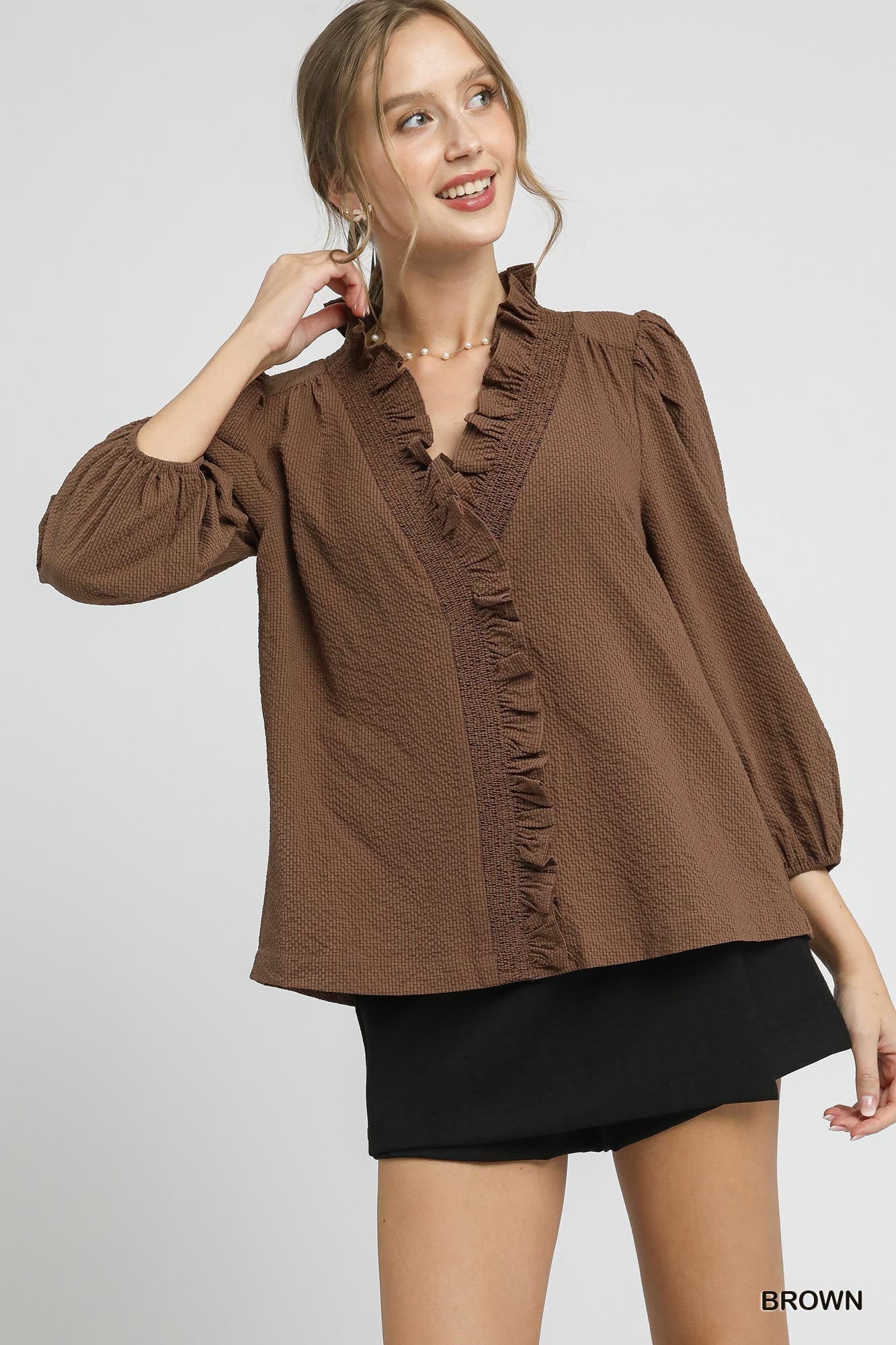 Chocolate Brown Textured Ruffle Trim Blouse