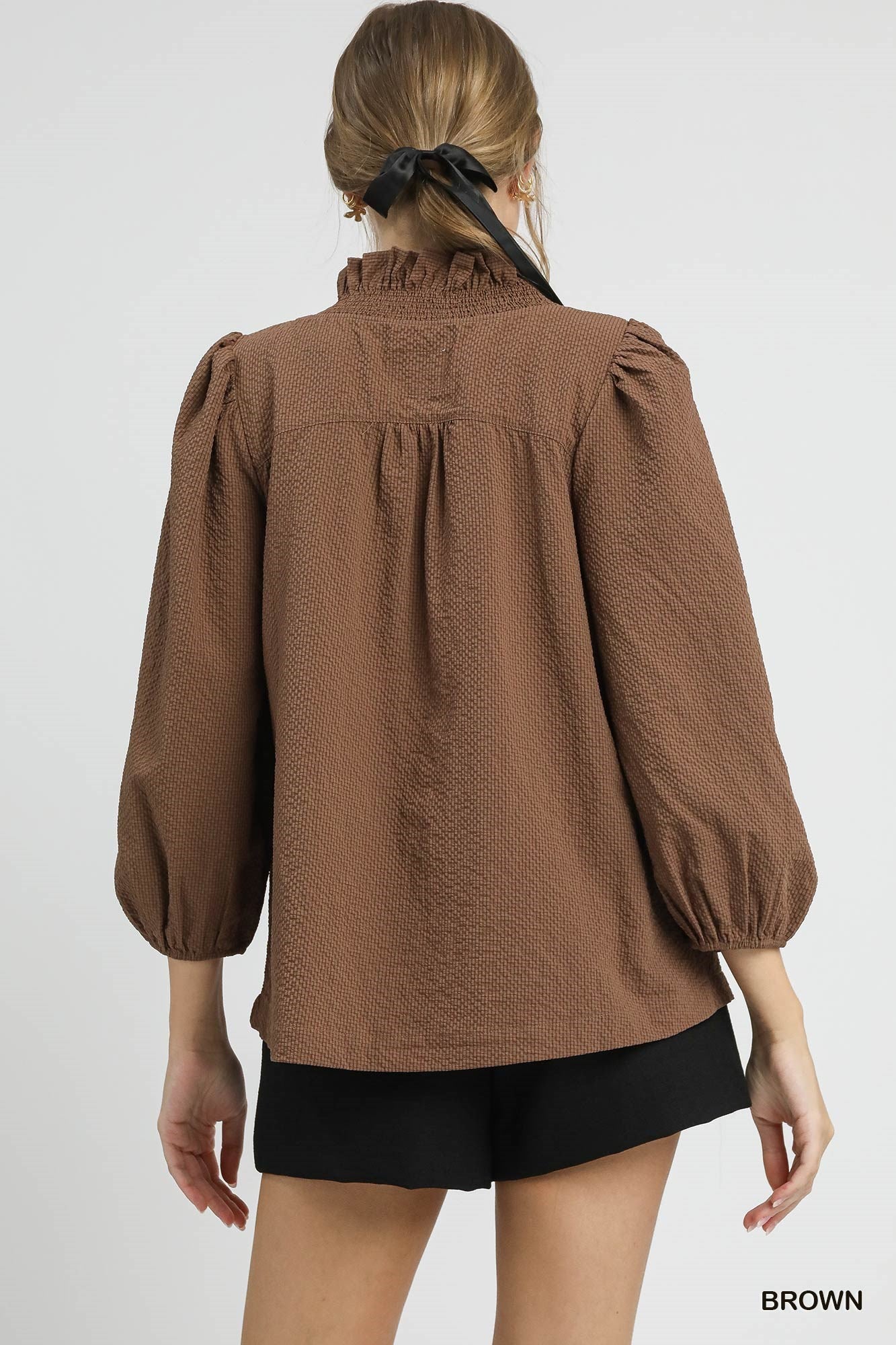 Chocolate Brown Textured Ruffle Trim Blouse