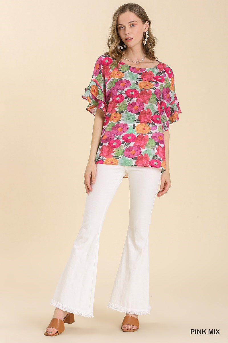 Pink Mix Floral Knit Top with Double Ruffle Sleeves
