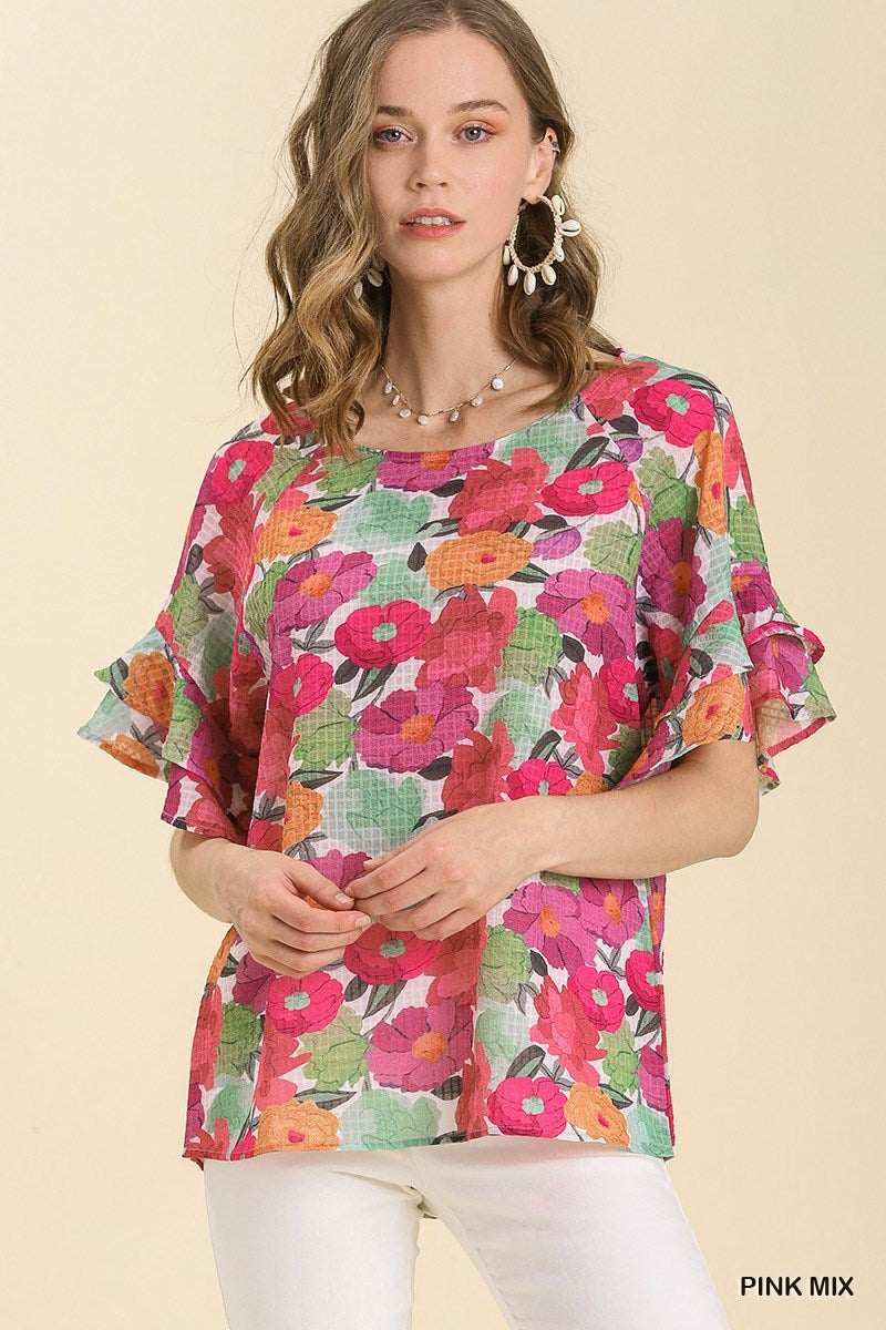 Pink Mix Floral Knit Top with Double Ruffle Sleeves