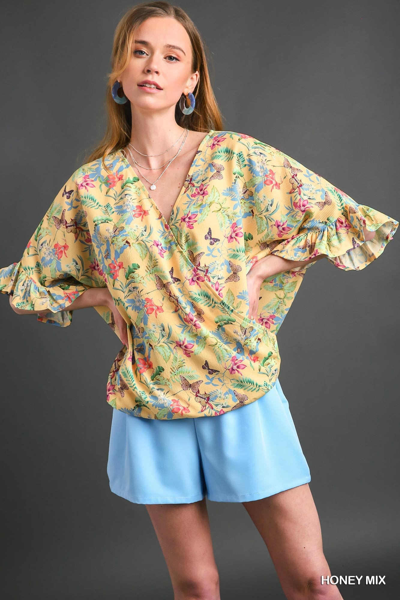 Honey Mixed Print Blouse with Ruffle Sleeves