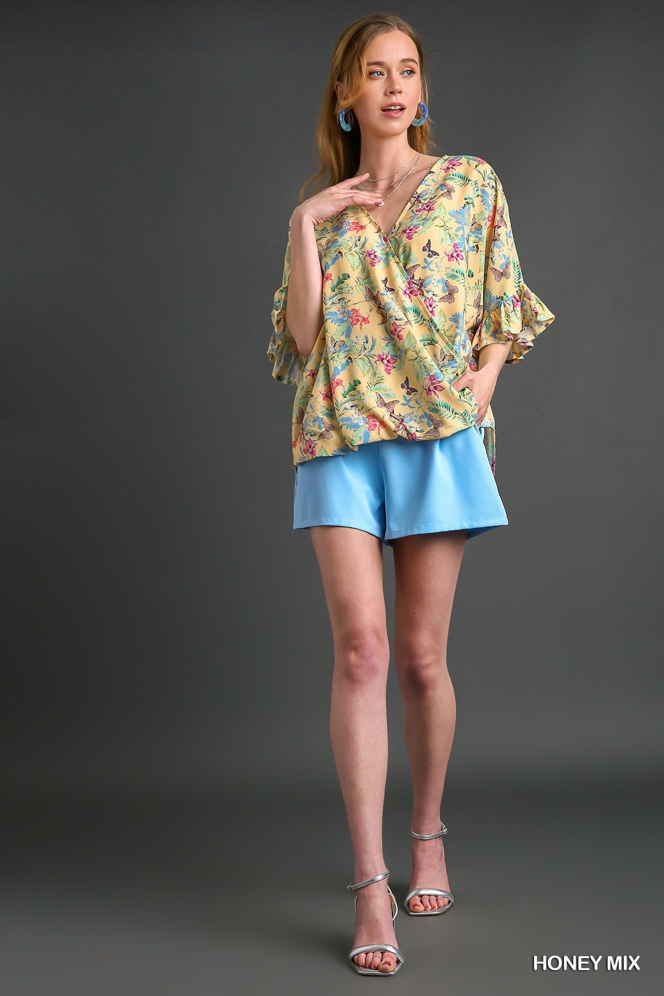 Honey Mixed Print Blouse with Ruffle Sleeves