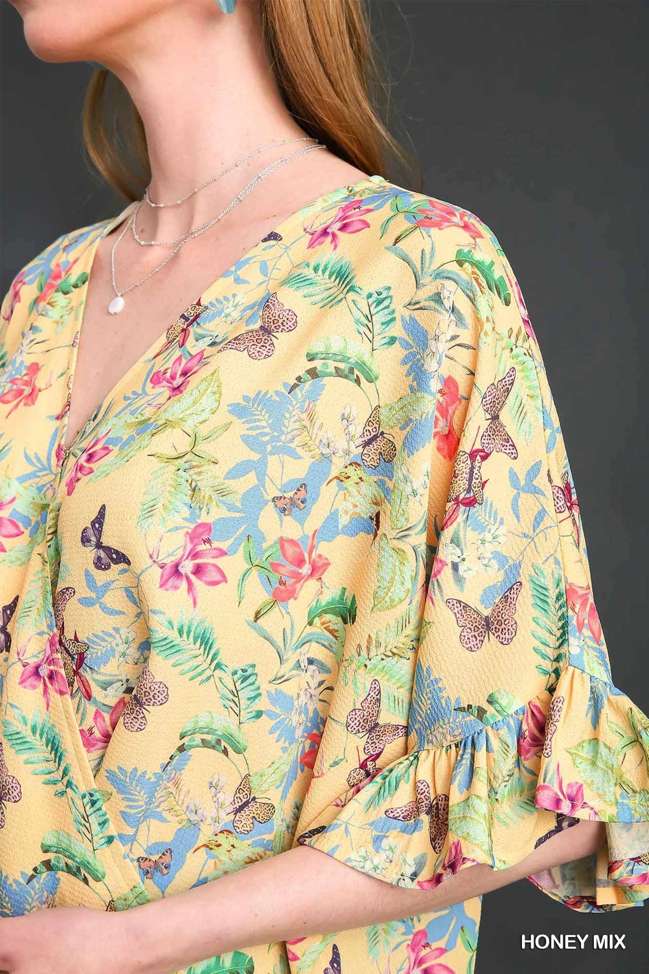 Honey Mixed Print Blouse with Ruffle Sleeves