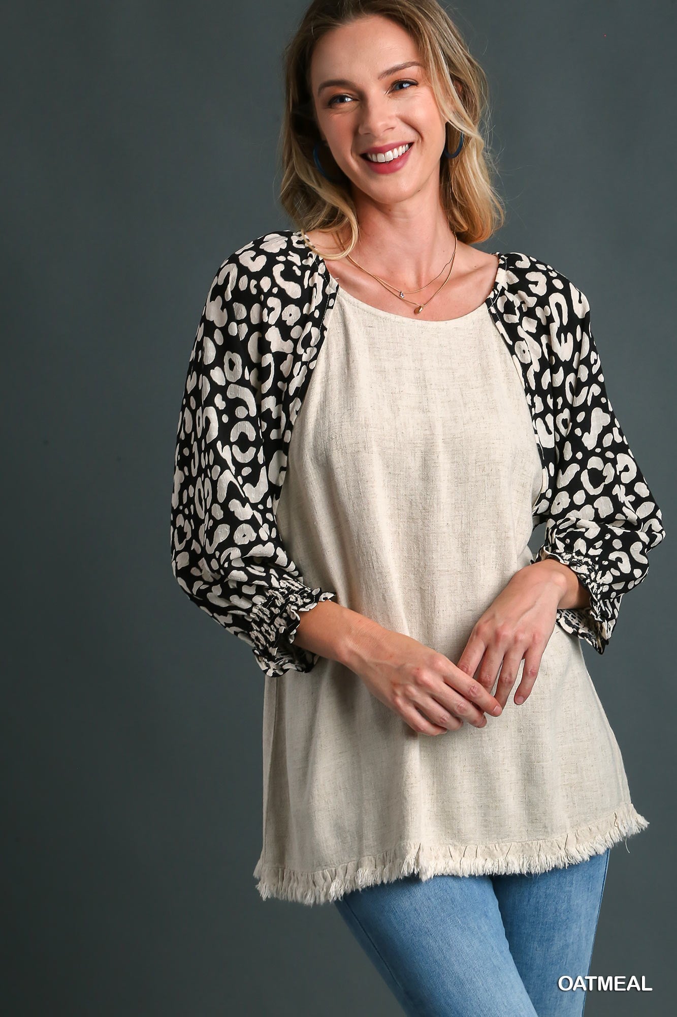 Oatmeal Linen Blend Top w/ Animal Print Sleeves