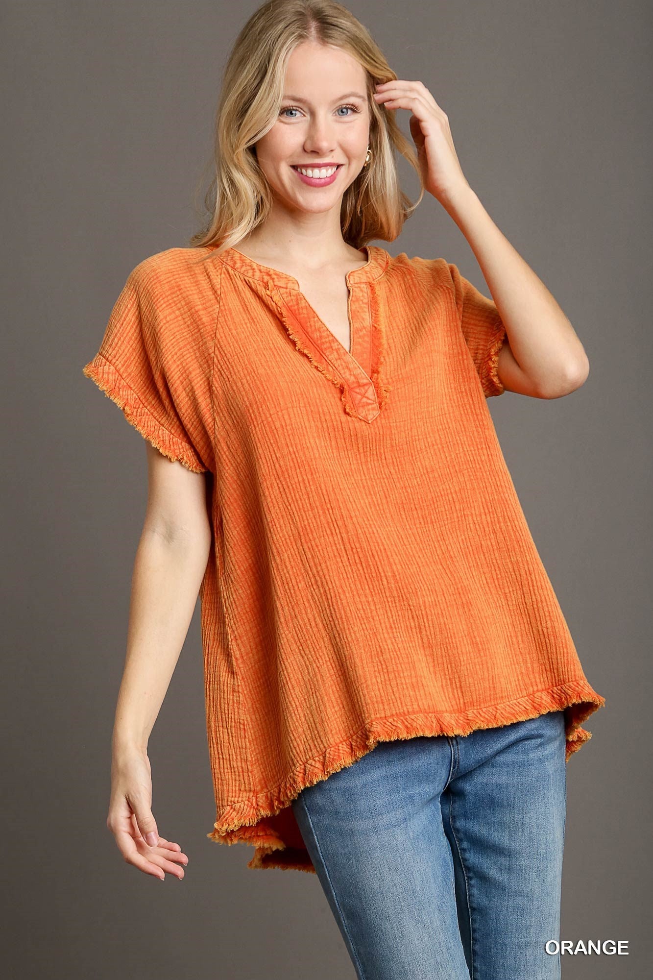 Orange Mineral Wash Cotton Tunic Top