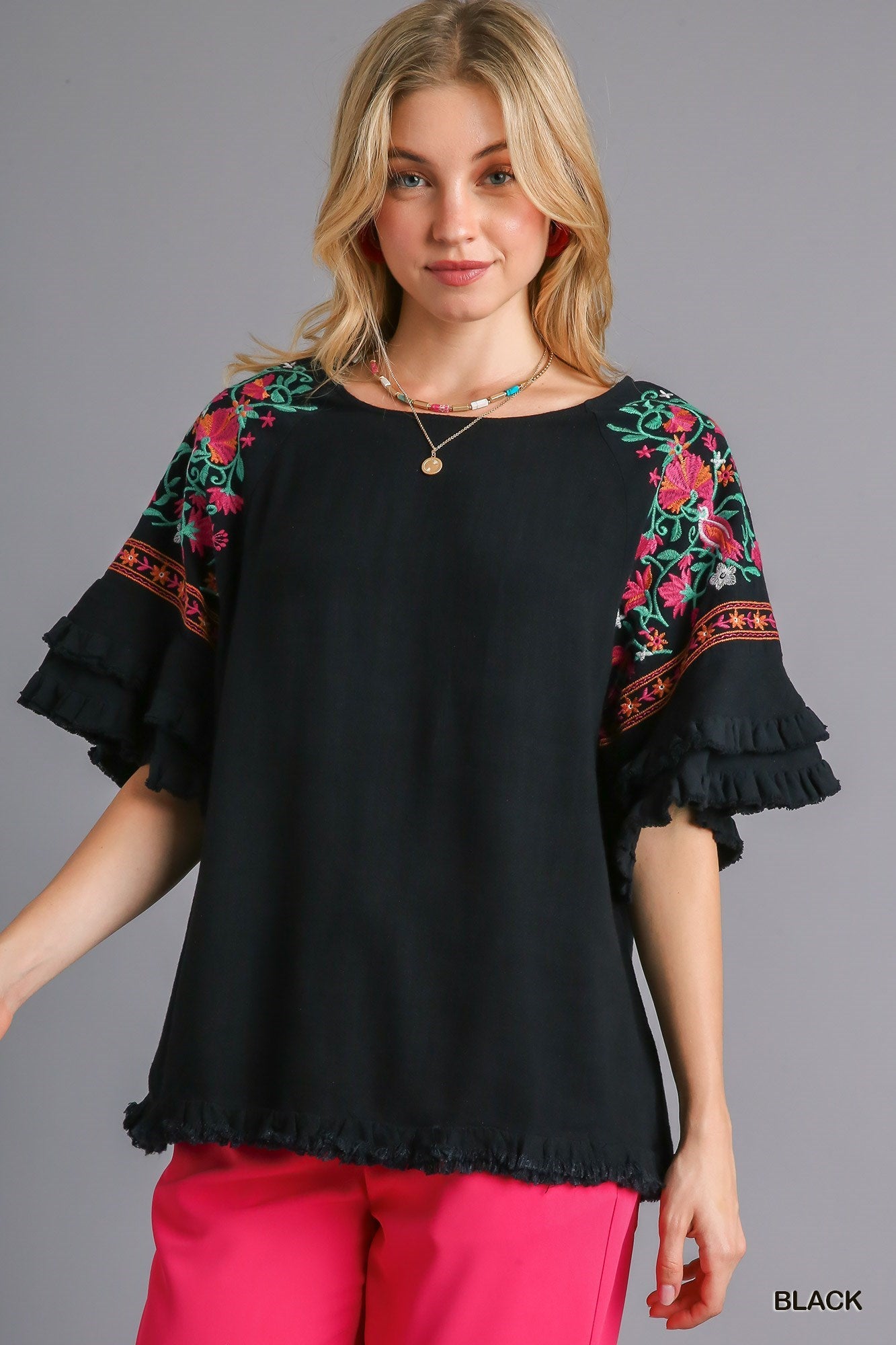 Black Linen Blend Top w/ Embroidered Sleeves