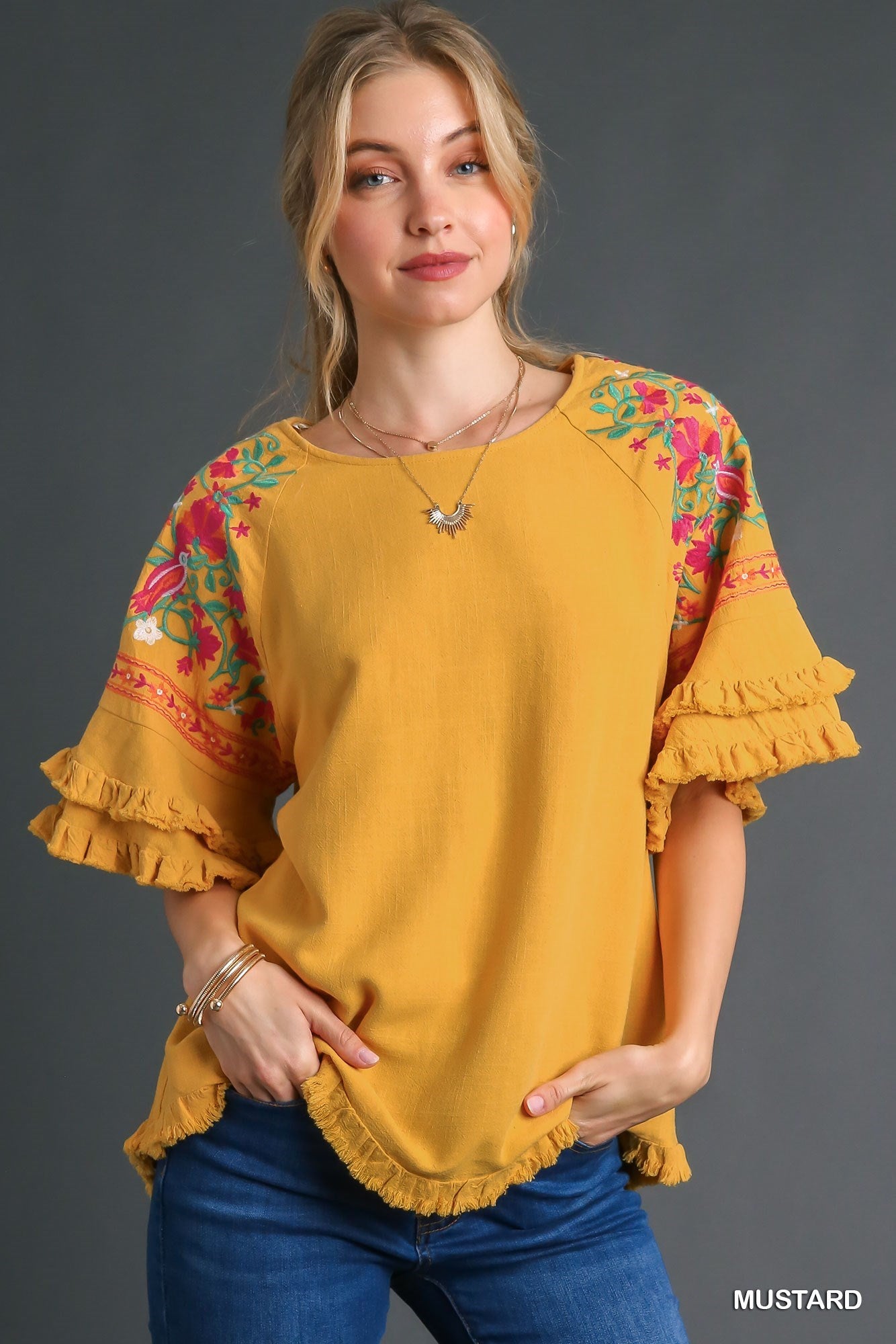 Mustard Linen Blend Top w/ Embroidered Sleeves