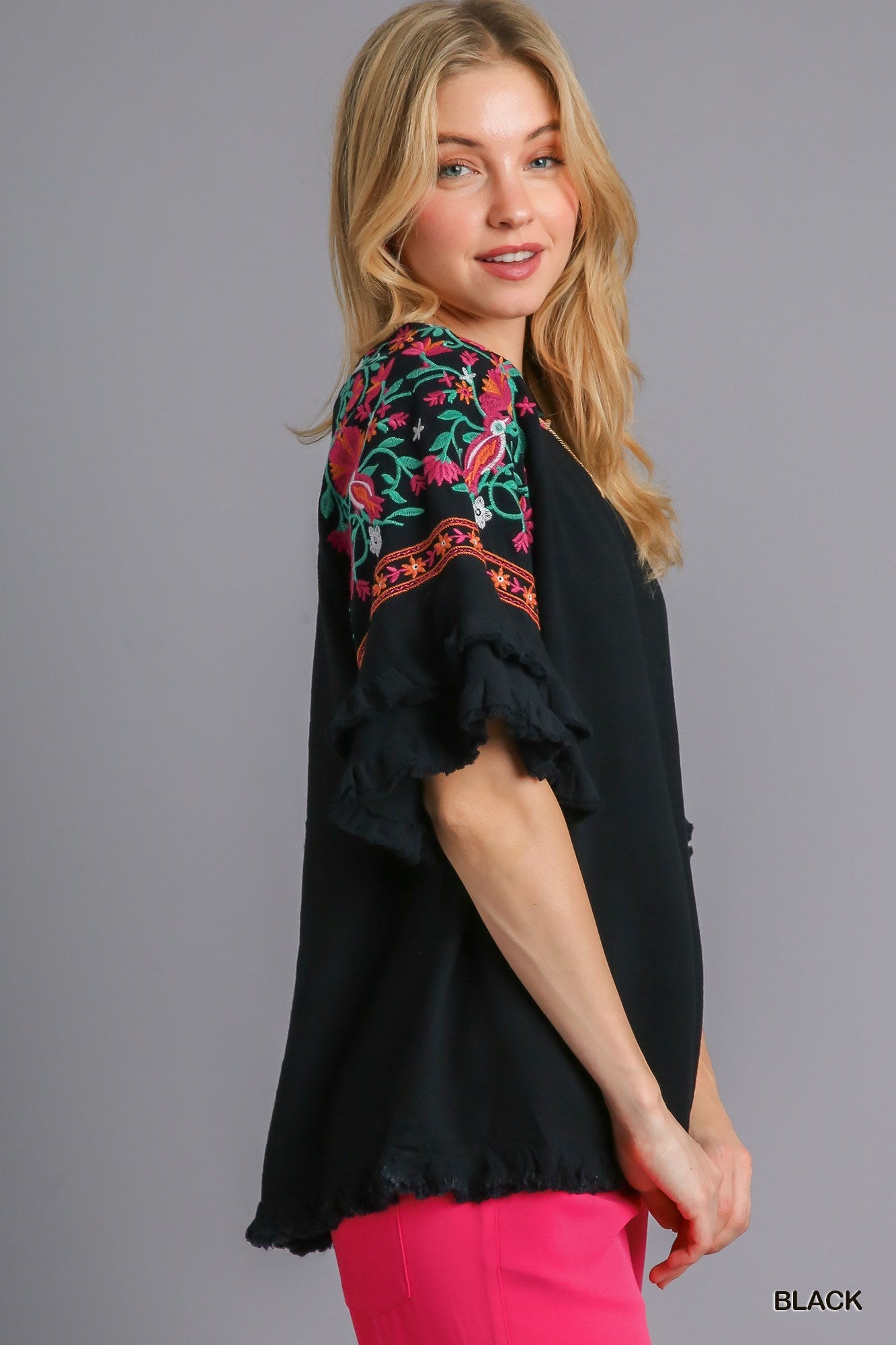 Black Linen Blend Top w/ Embroidered Sleeves