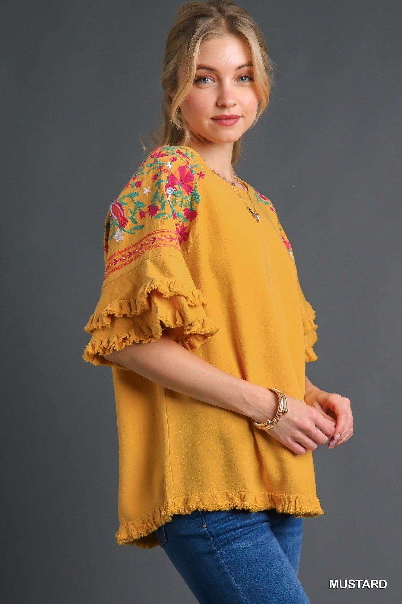 Mustard Linen Blend Top w/ Embroidered Sleeves