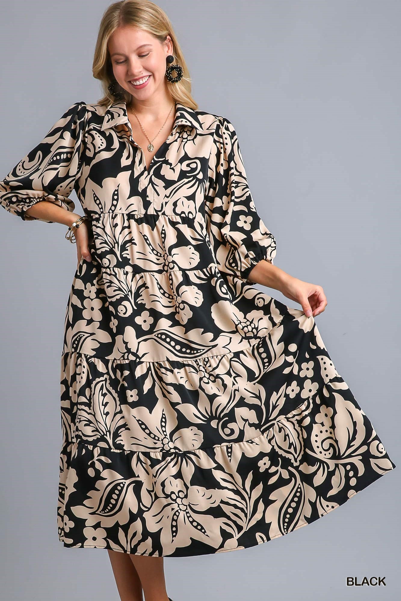 Black & Cream Floral Design Maxi Dress