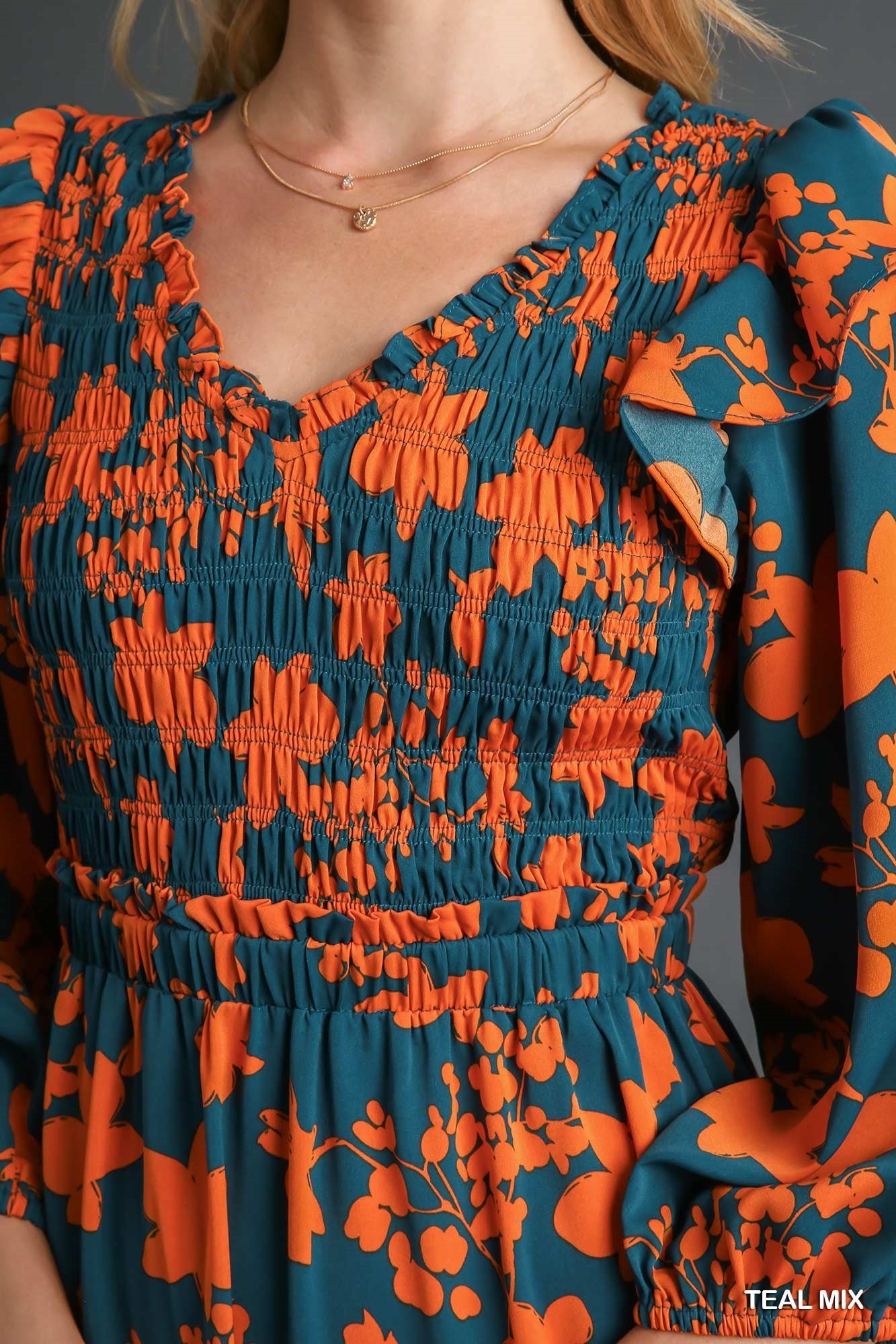 Teal & Orange Smocked Midi Dress