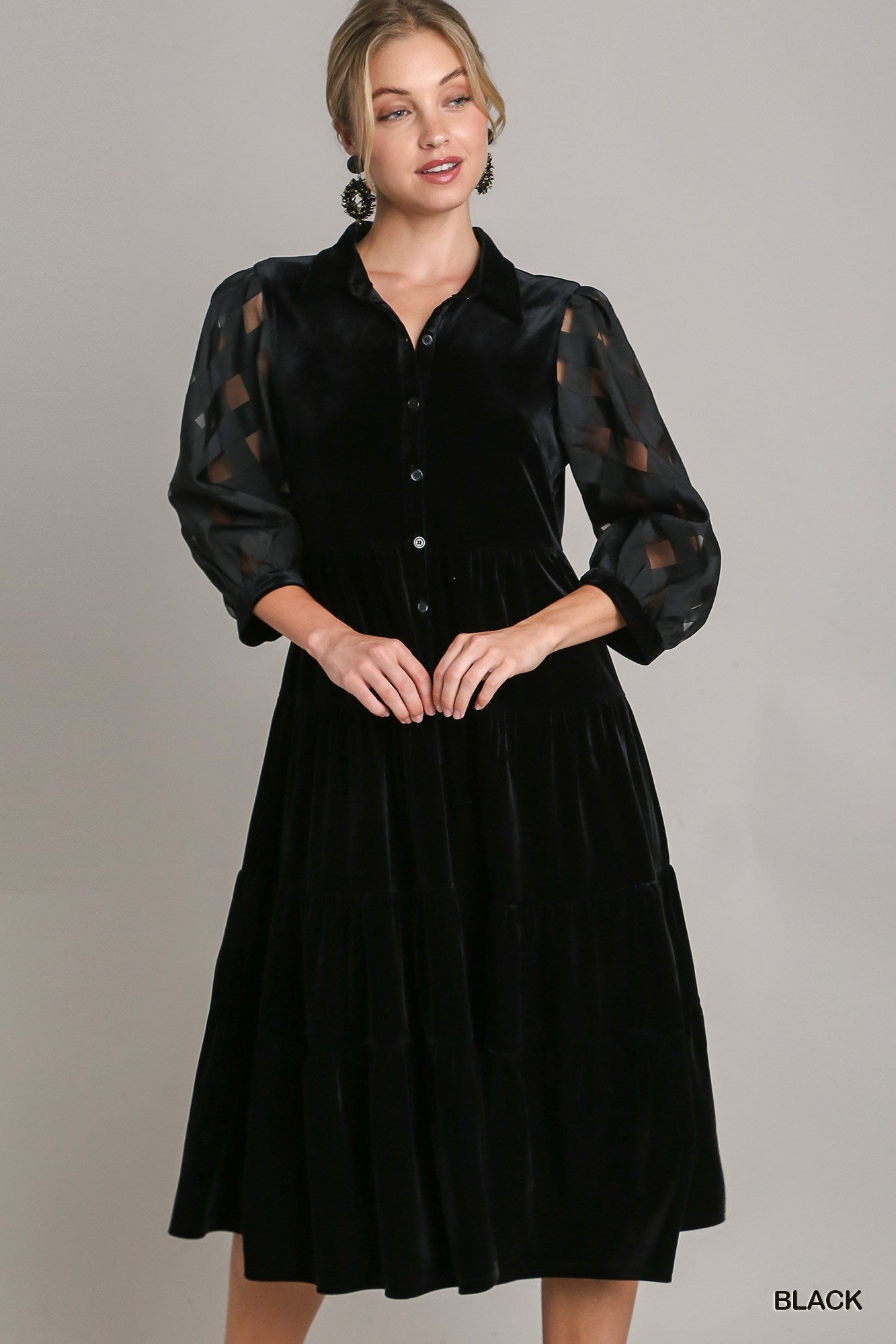 Black Organza & Velvet Tiered Midi Dress