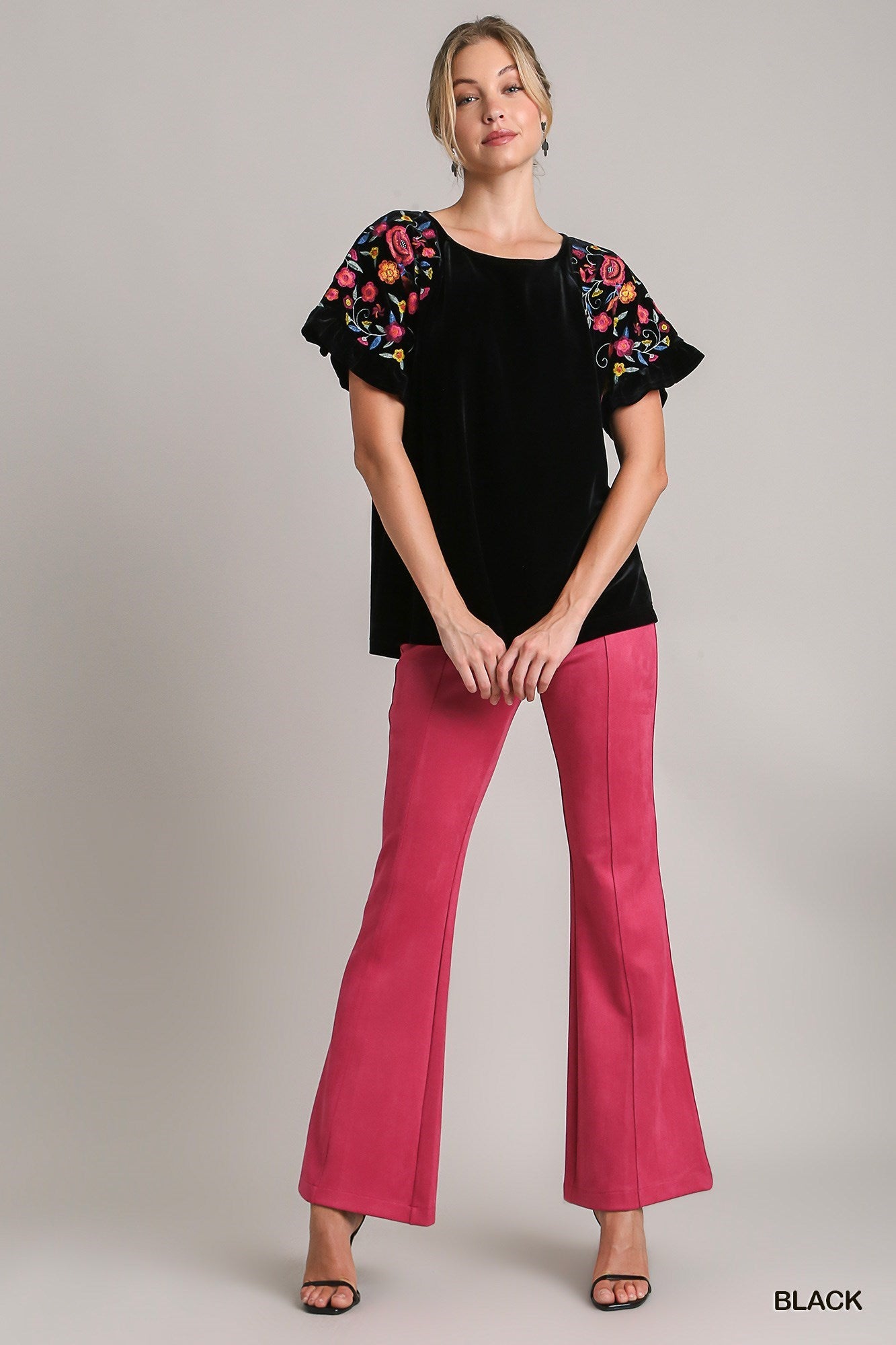 Black Velvet Top w/ Embroidered Ruffle Sleeves