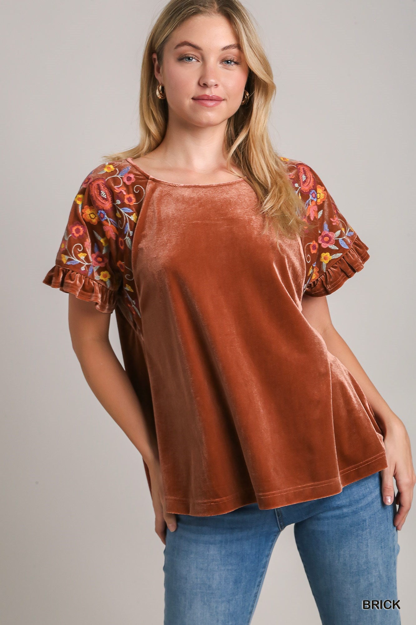Brick Velvet Top w/ Embroidered Ruffle Sleeves