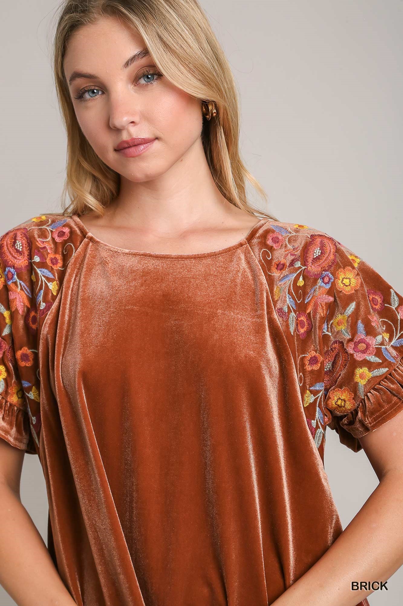 Brick Velvet Top w/ Embroidered Ruffle Sleeves