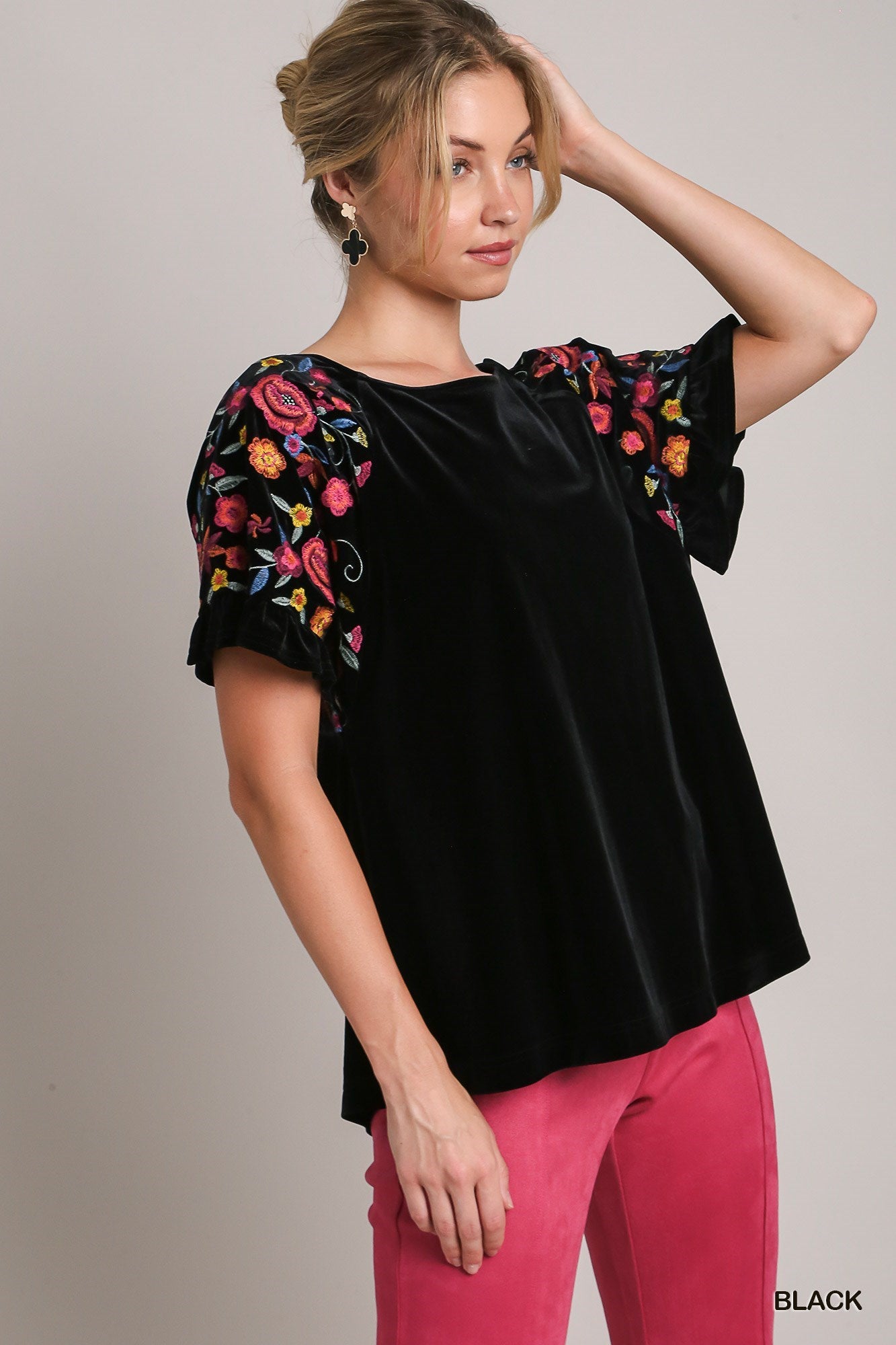 Black Velvet Top w/ Embroidered Ruffle Sleeves
