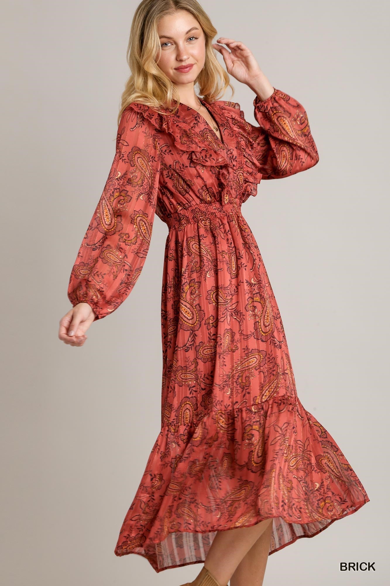 Brick Lurex Paisley Print Midi Dress