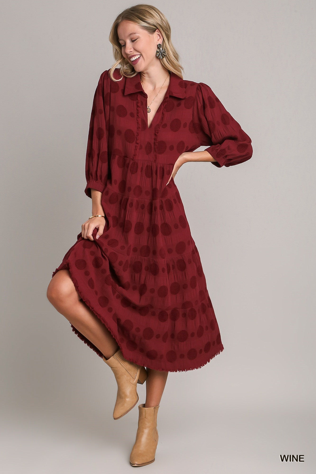Burgundy Tone on Tone Tiered Midi Dress