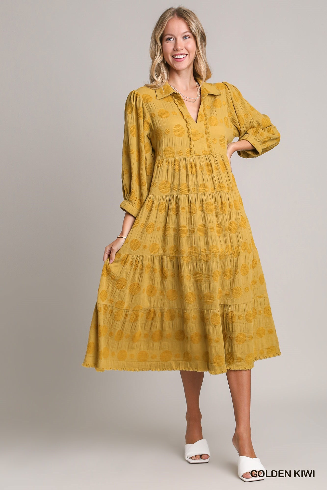 Golden Kiwi Tone on Tone Tiered Midi Dress