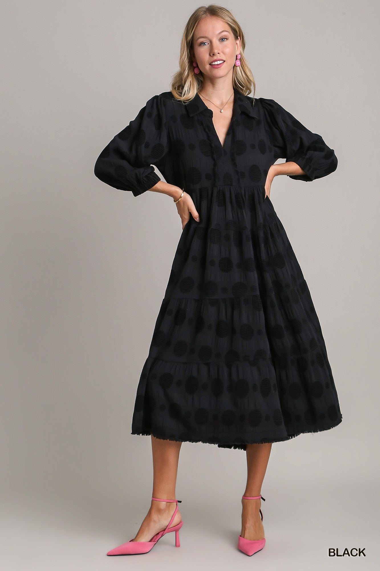 Black Tone on Tone Tiered Midi Dress