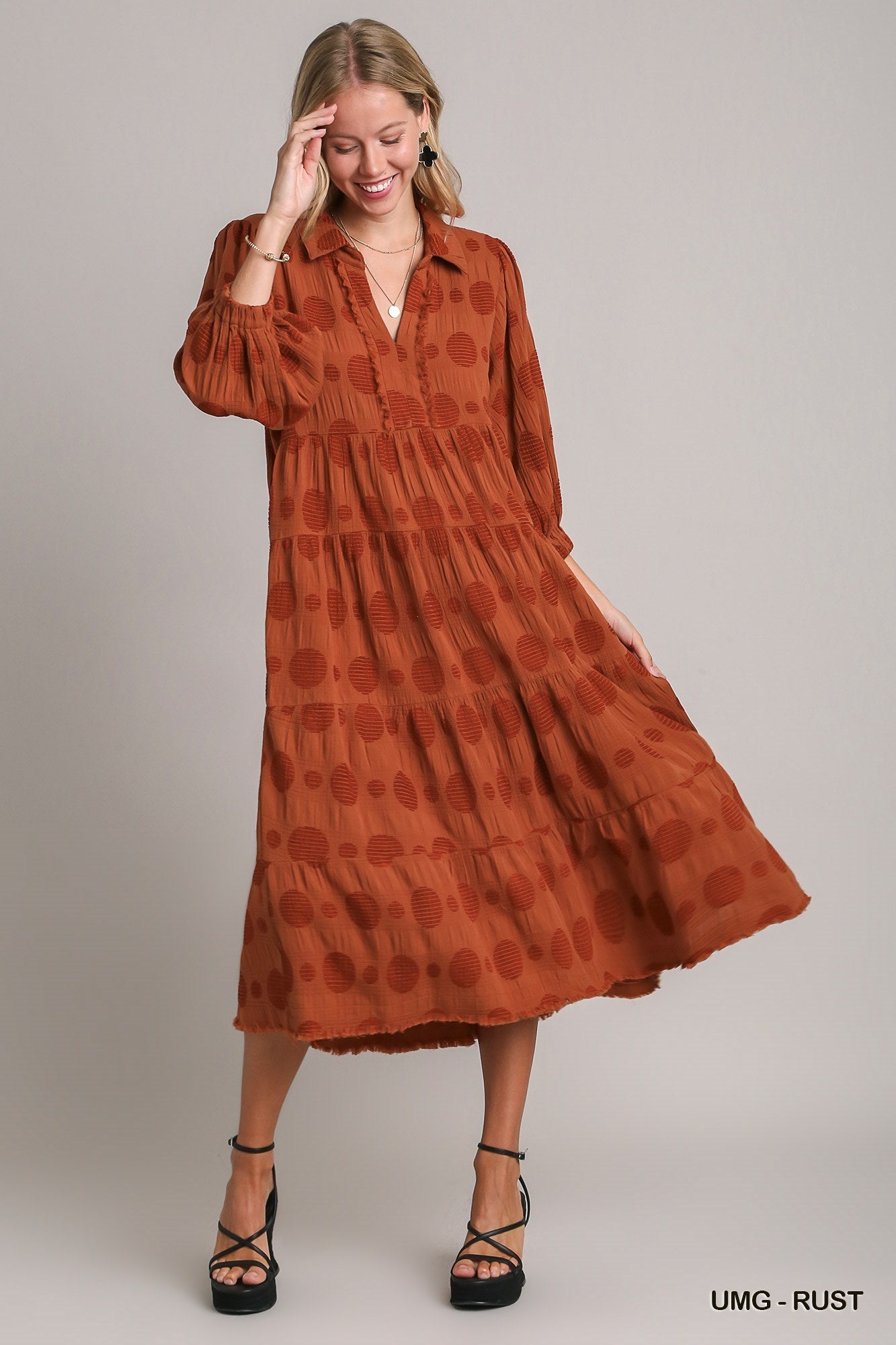 Rust Tone on Tone Tiered Midi Dress