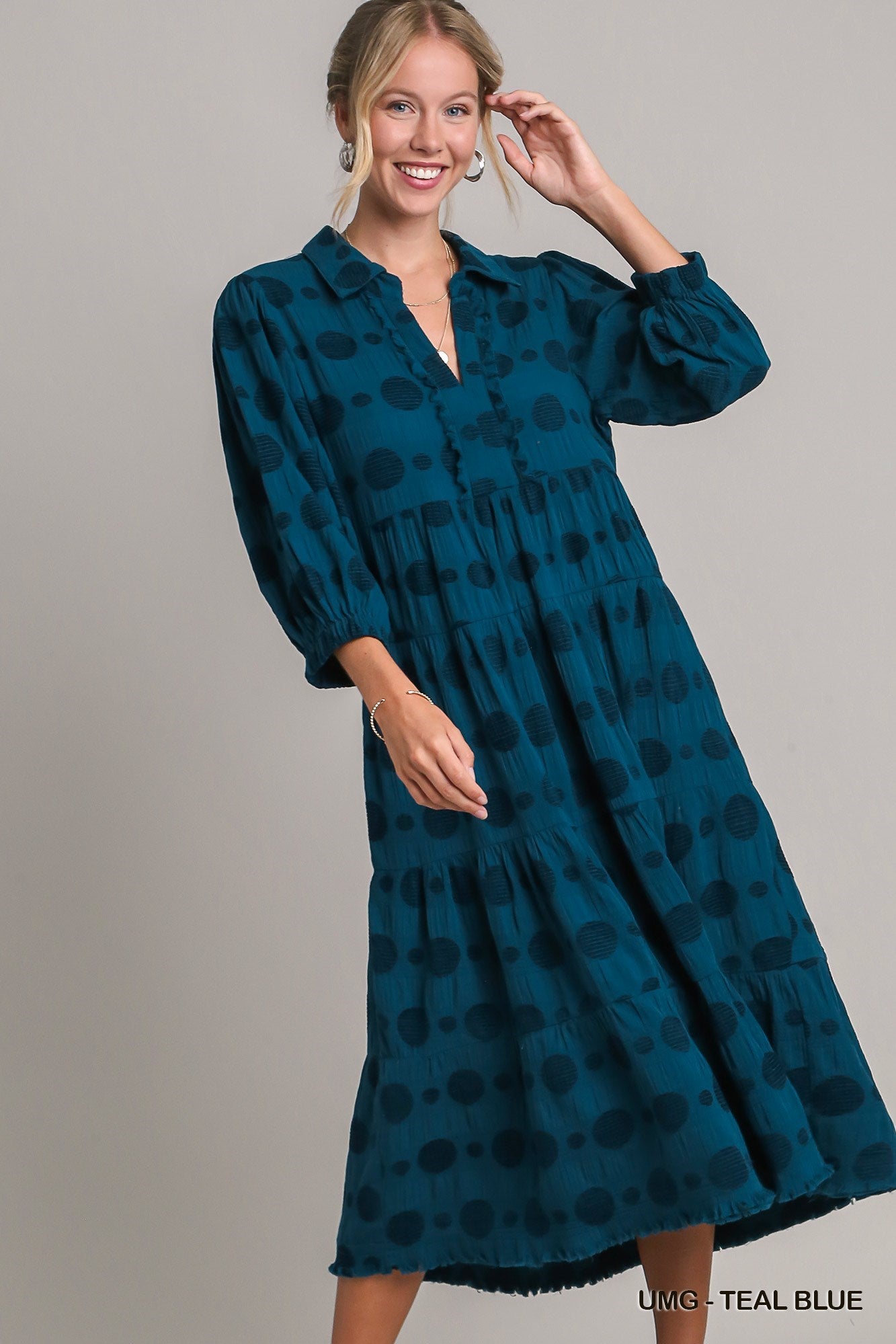 Teal Blue Tone on Tone Tiered Midi Dress