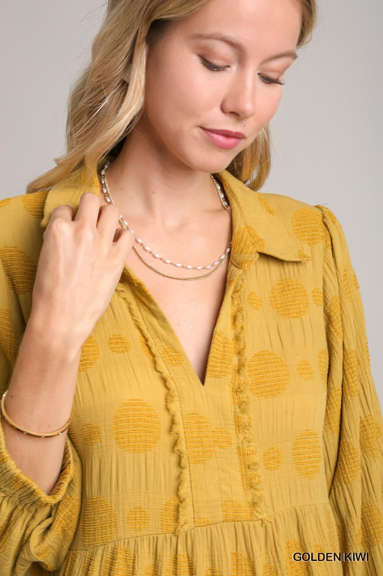 Golden Kiwi Tone on Tone Tiered Midi Dress