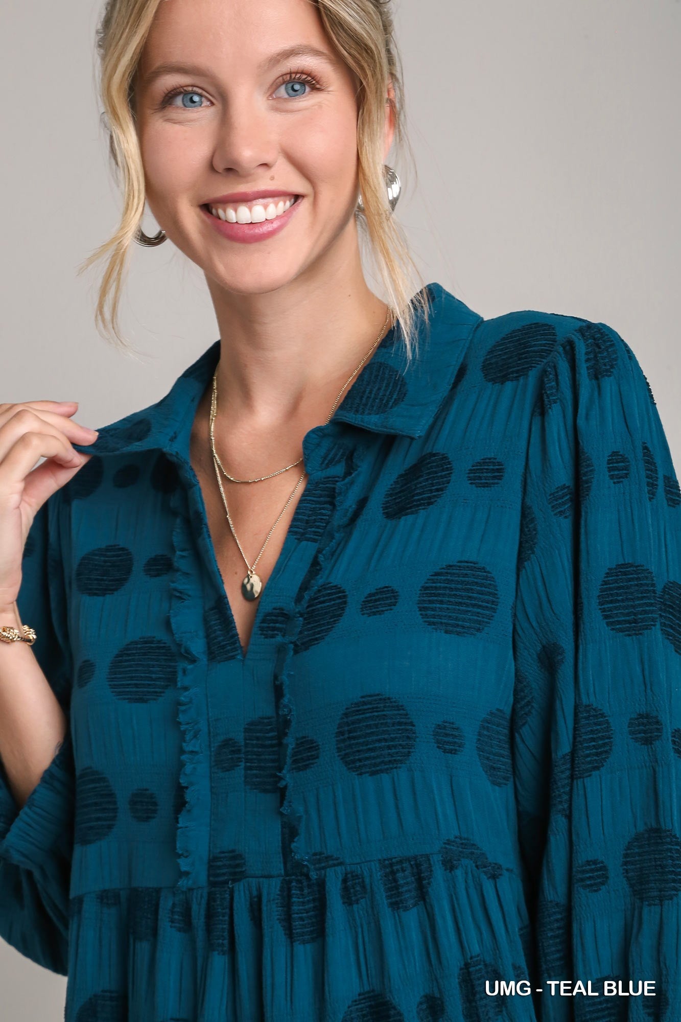 Teal Blue Tone on Tone Tiered Midi Dress