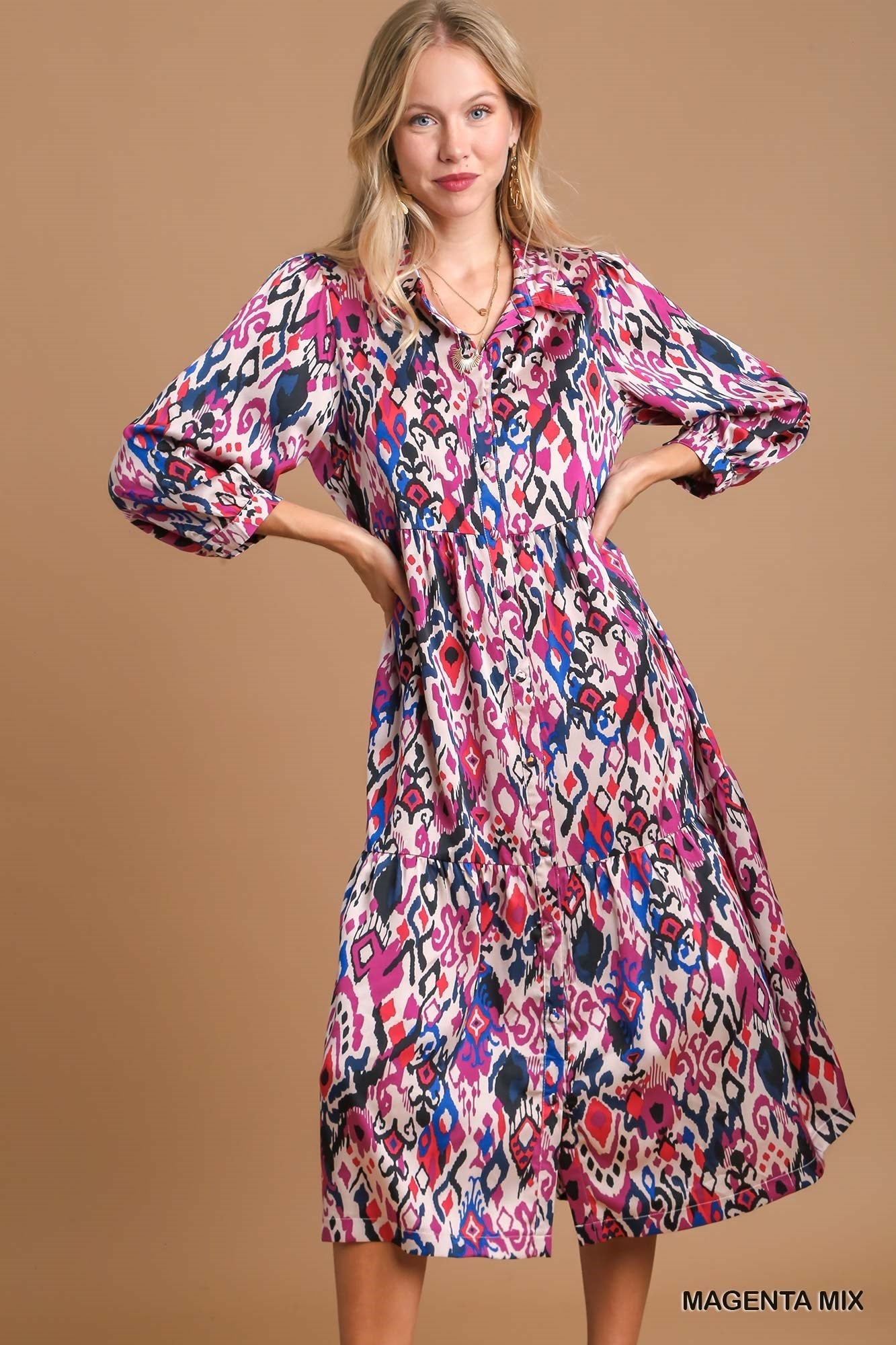 Magenta Mix Aztec Print Maxi  Dress