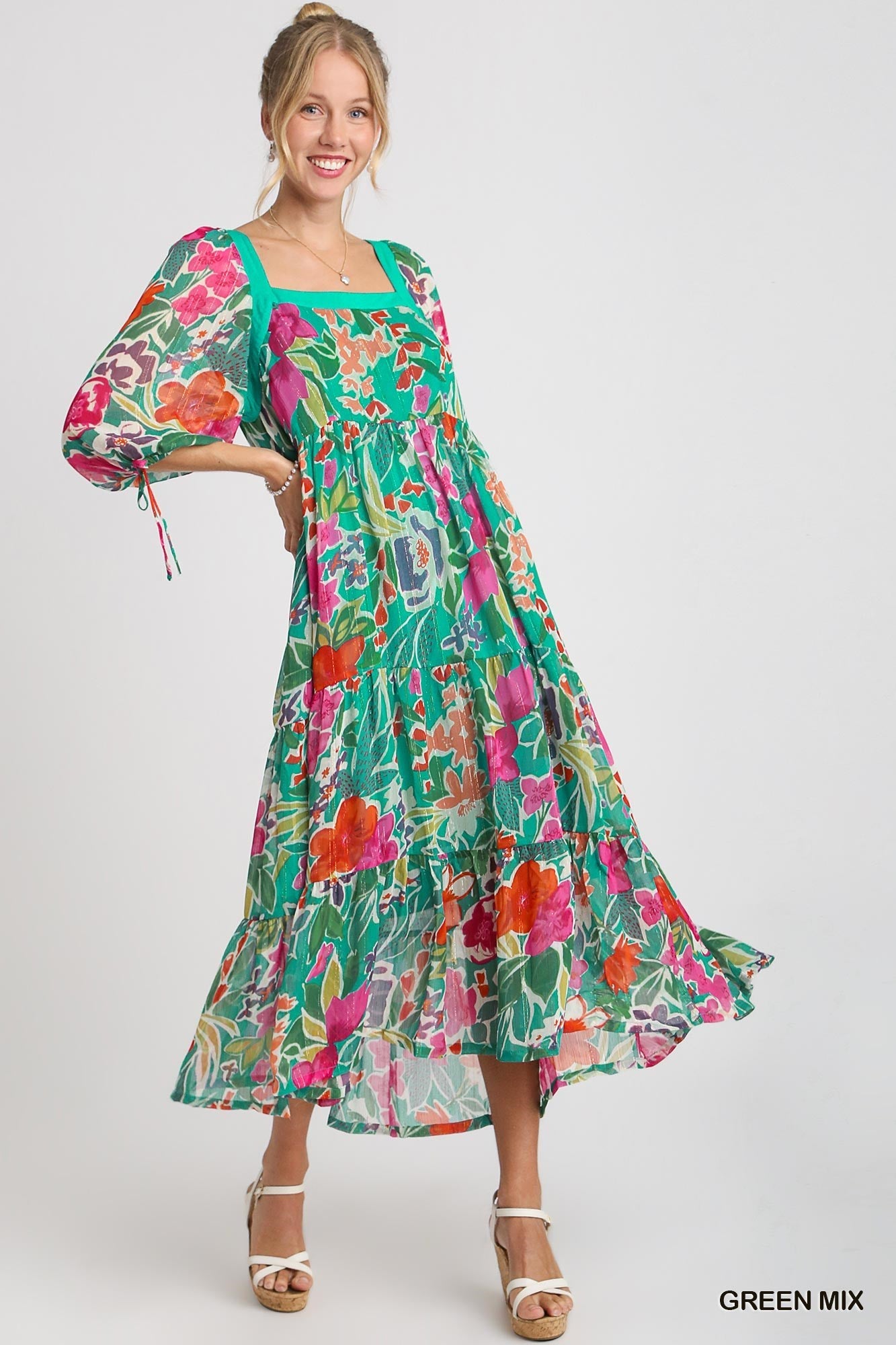 Lurex Metallic Floral Print Tiered Midi Dress
