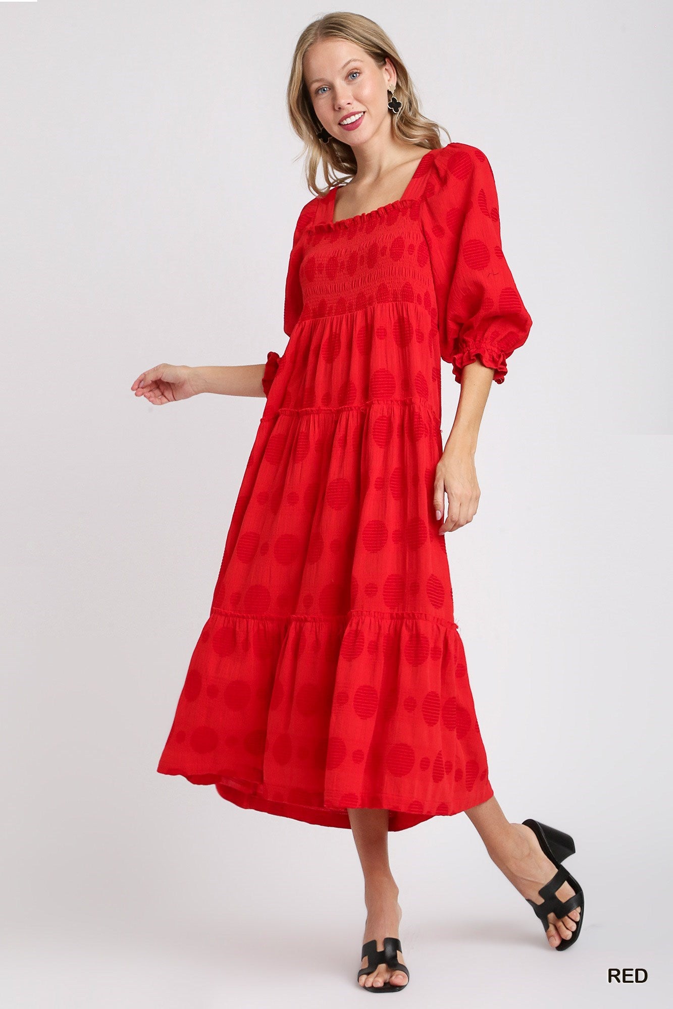 Swiss Dot Jacquard Tiered Red Dress