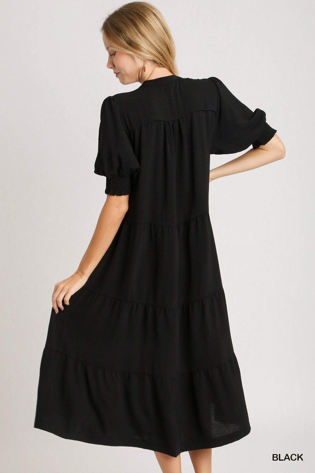 Solid Black Tiered Midi Dress