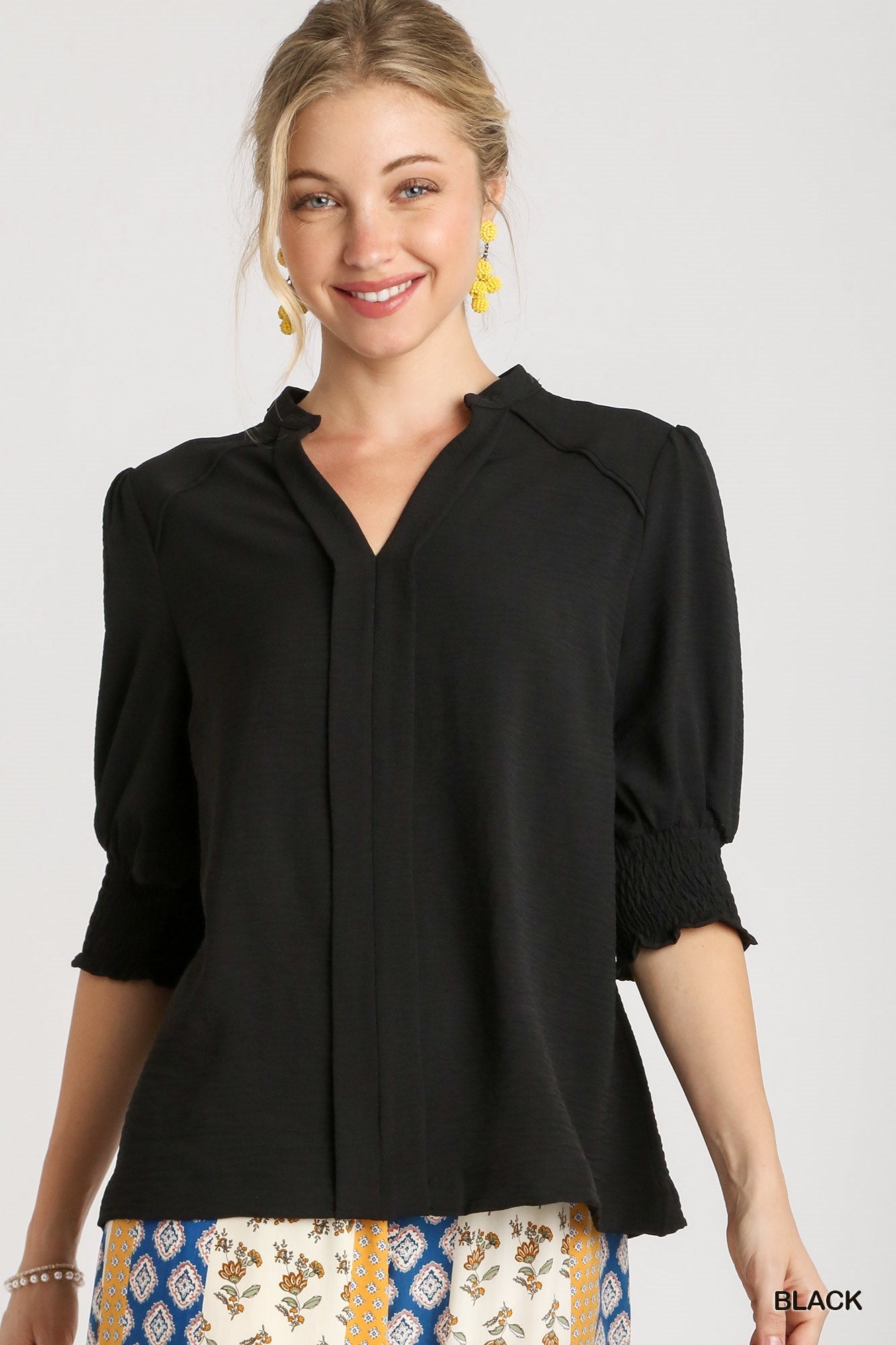 Black Smocked Cuff Blouse